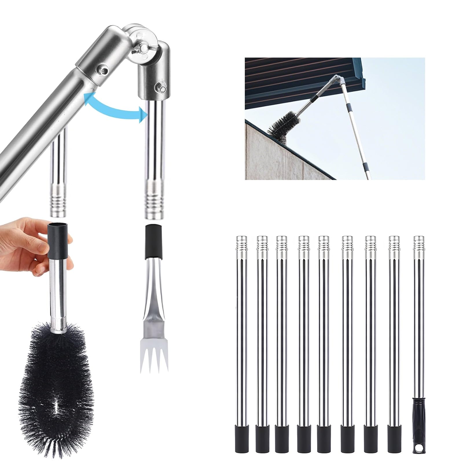 Dyuee Black Gutter Cleaner 4.4M Telescopic Roof Gutter Cleaning Tools Kit With Adjustable Angle Pole Gutter Brush Scoop, For Removing Leaves, Debris & Spider Webs From Gardens Ditches Villas Townhouses 12Pcs