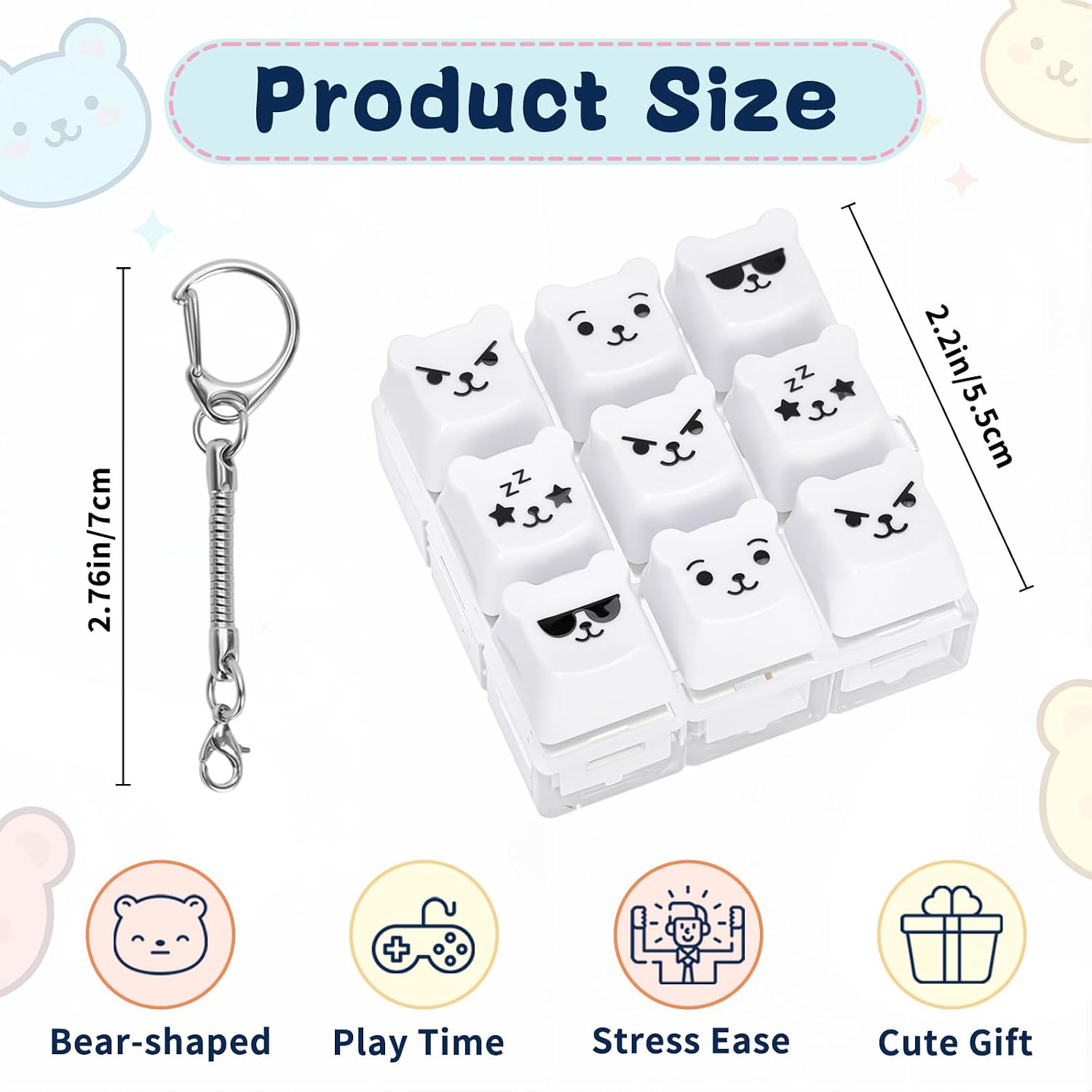 FunisFun Bear Shape Keyboard Fidget Toy, 9-in-1 Clicker Fidget Toy with Bear Expressions, Detachable Keyboard Clicker Keychain for Adults Work Stress Relief (White, 9in1-1P)