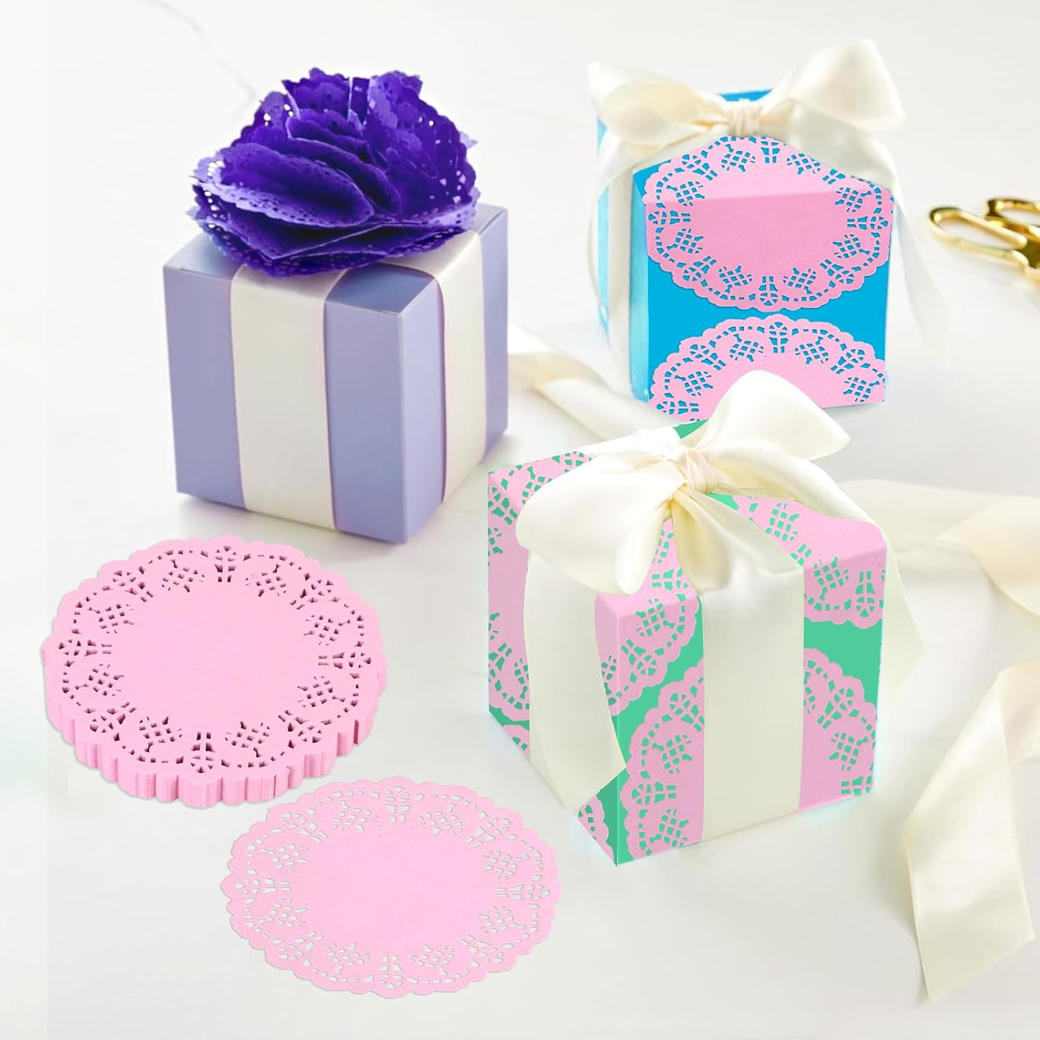 DECORA 3.5inch Round Pink Paper Lace Doilies for Wedding Tableware Decoration,100-Pack