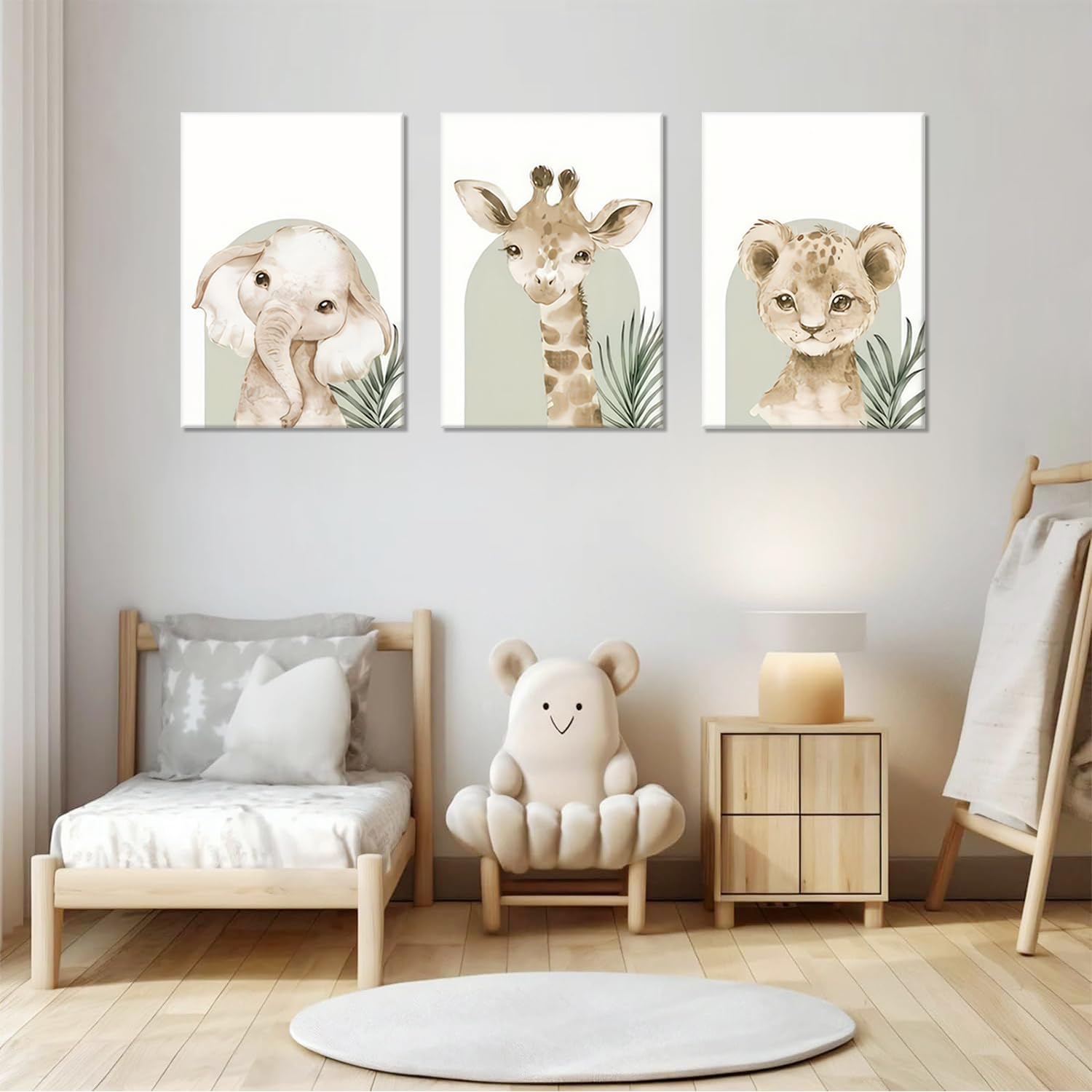 HNNXAR Nursery Wall Decor Animal Wall Art Safari Poster Nursery Canvas Art Woodland Jungle Decor Set of 3 Lion Picture Elephant Painting Giraffe Prints For Boys Girls Room Decoration 16x24 Framed