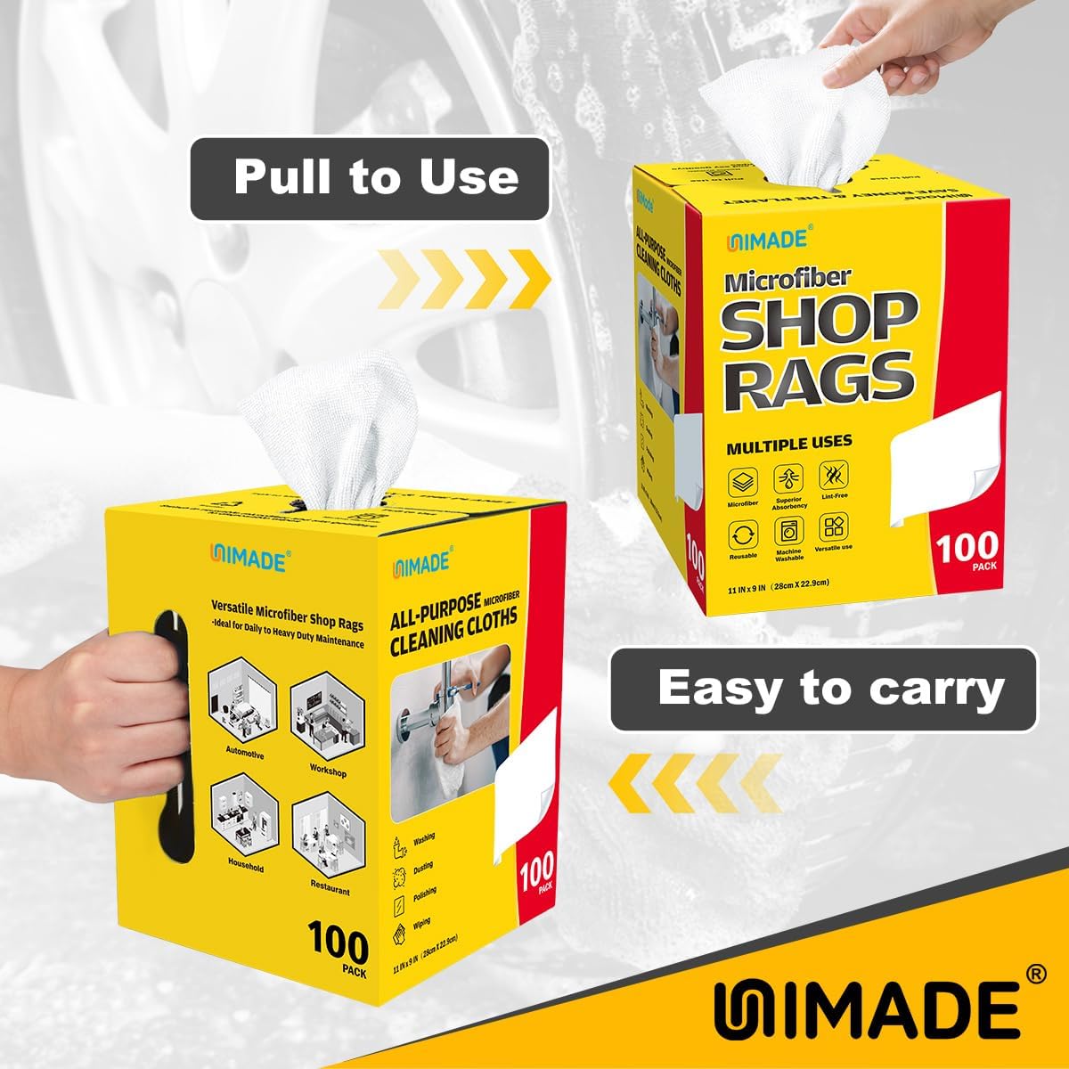 UNIMADE Shop Rags, 100 Sheets Microfiber Cleaning Cloth Commercial Grade Washcloths Lint-Free Bulk Shops Towels for Cars Mechanic Restaurant Garage Housekeeping, 11"x 9", White