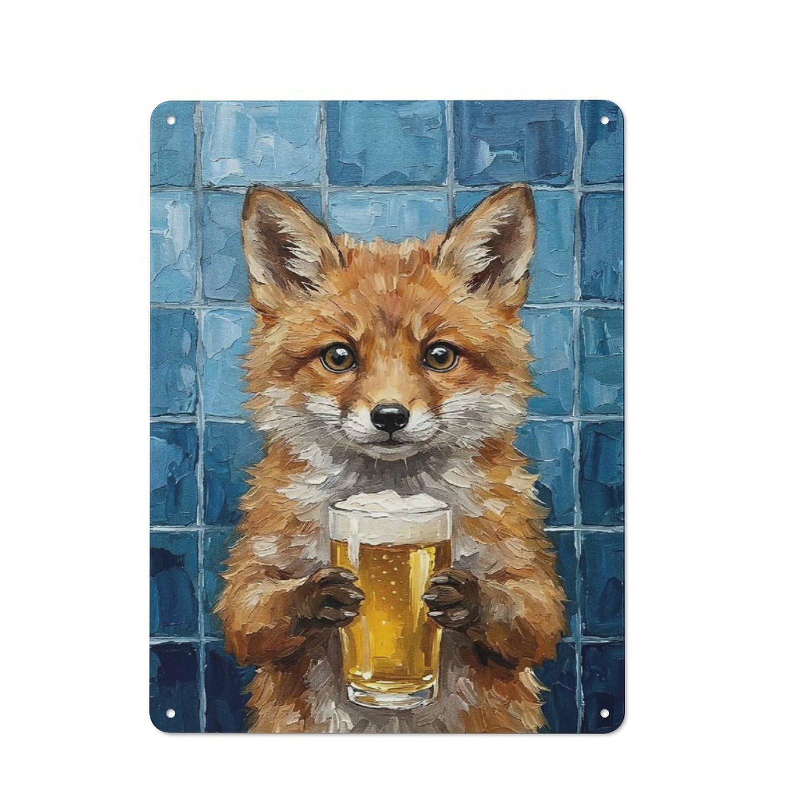 Junmoney Style-13 Metal Wall Sign 40X30cm Featuring Fox With Beer Painting For Living Room Wall, For Feature Wall Decorators