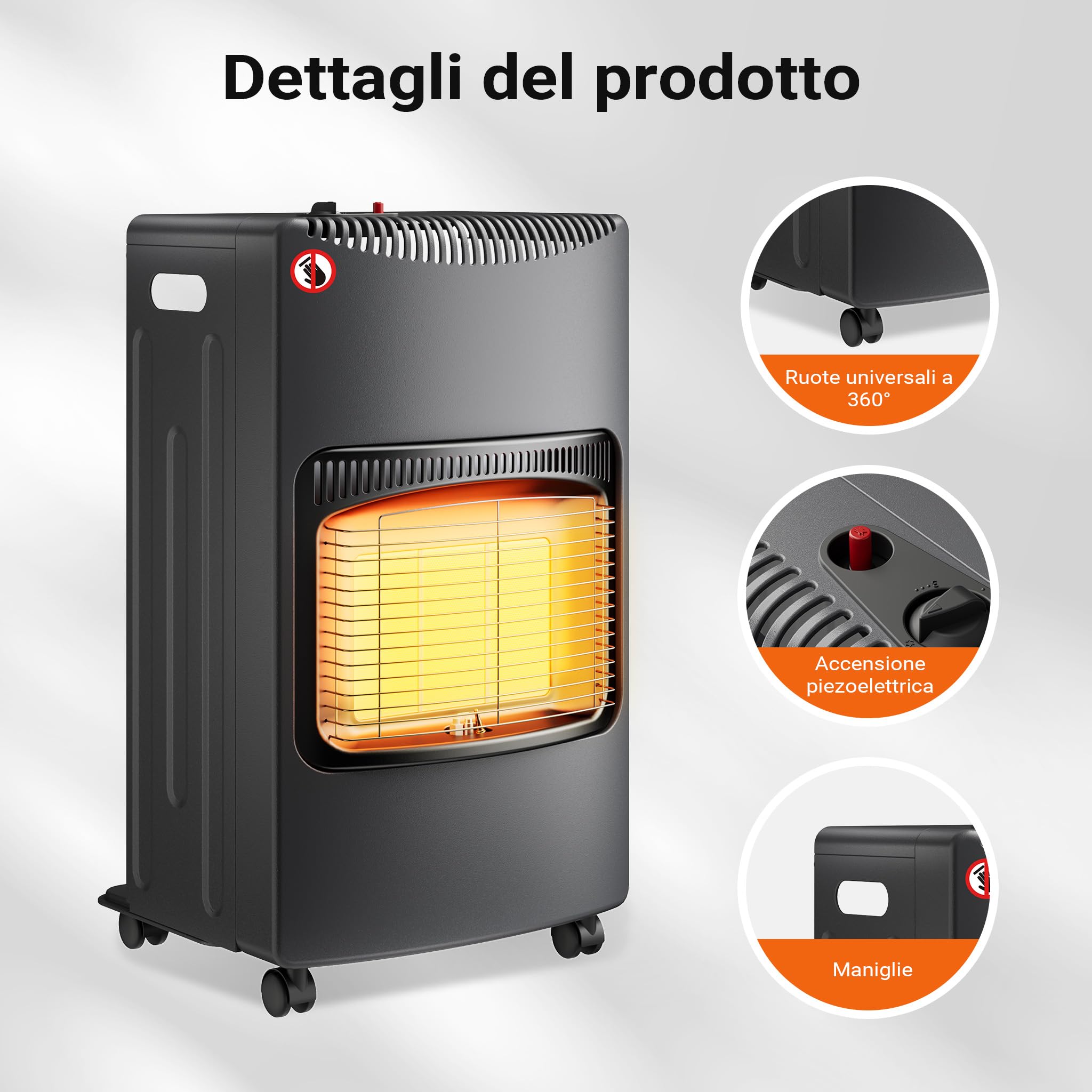 Wiltec Stufa a gas infrarossi 4,2K W, pieghevole, con rotelle, 3 livelli di potenza, con ODS