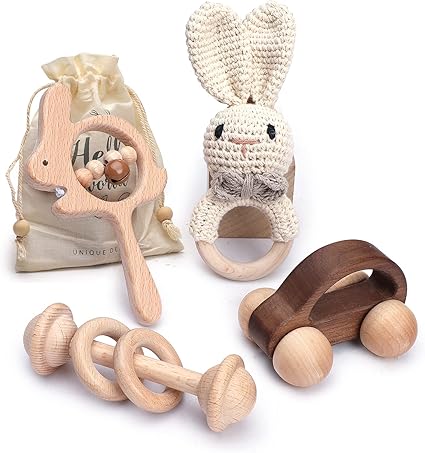 Amazon Let S Make 天然木 ラトル ガラガラ ウサギ 4個セット おもちゃ 赤ちゃん 木製 無塗装 幼児 ミニカー ギフト 出産祝い 贈り物 知育玩具 がらがら ラトル おもちゃ