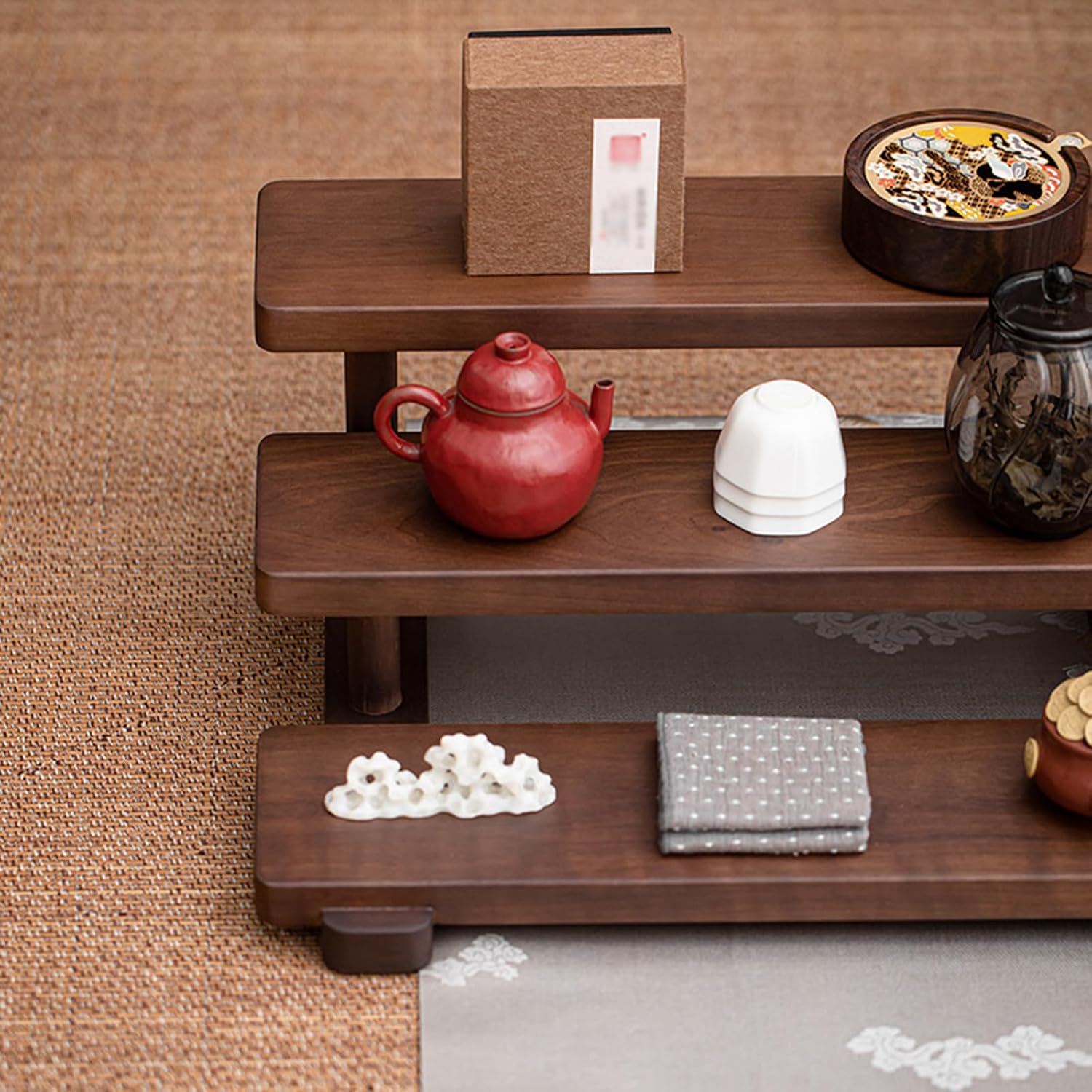 Gongfu Tea Sets Shelf, Wood Step Shelf Storage Holder, 3 Tier Tea Sets Rack Organizer, Walnut Staircase Shelf, 40 * 30 * 16cm, For Storage Tea Cup