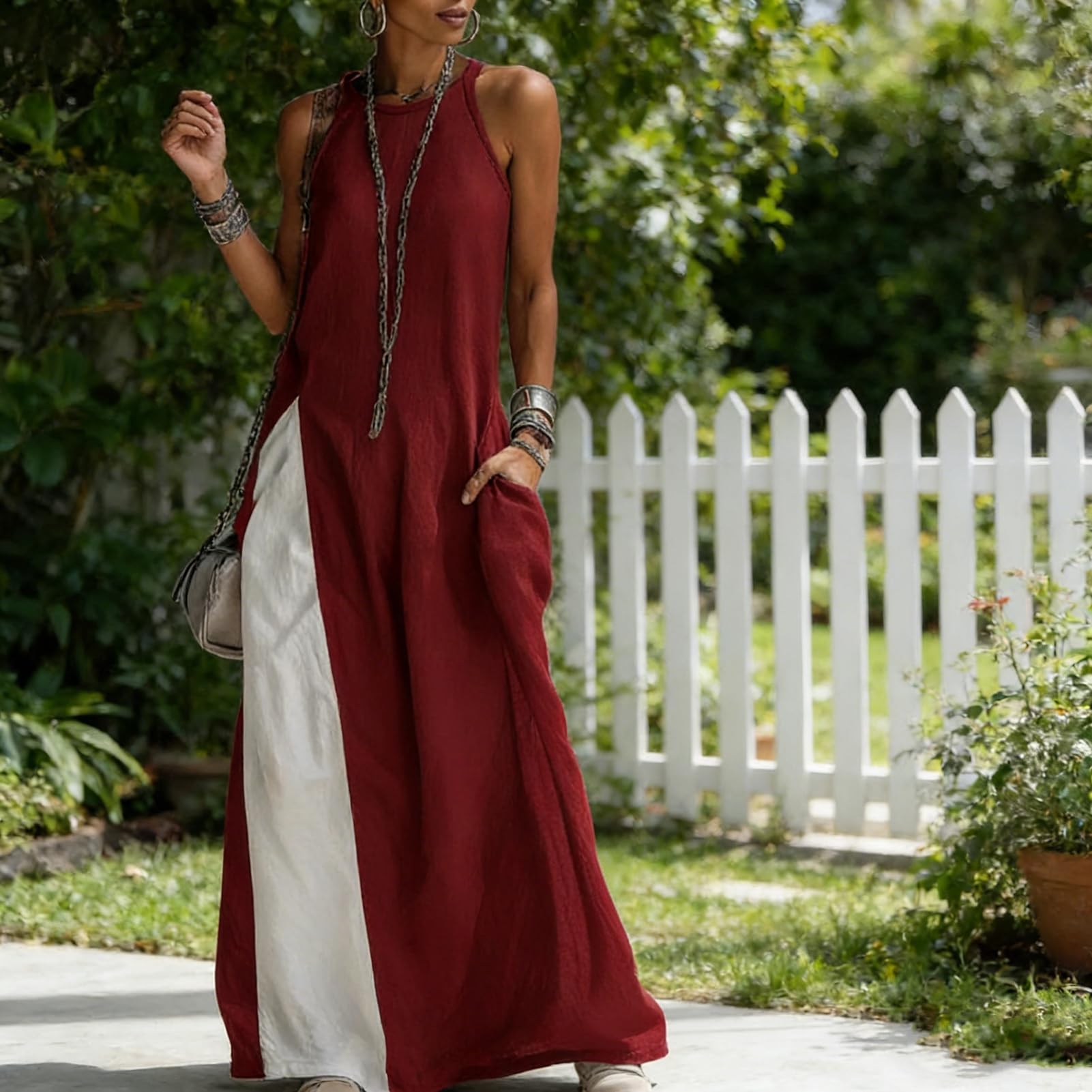 Maxi abito estivo da donna, senza maniche, girocollo, con spacco laterale, con tasche, casual, spiaggia, vacanze, uso quotidiano, leggero, morbido, vestibilità larga, comodo, da donna