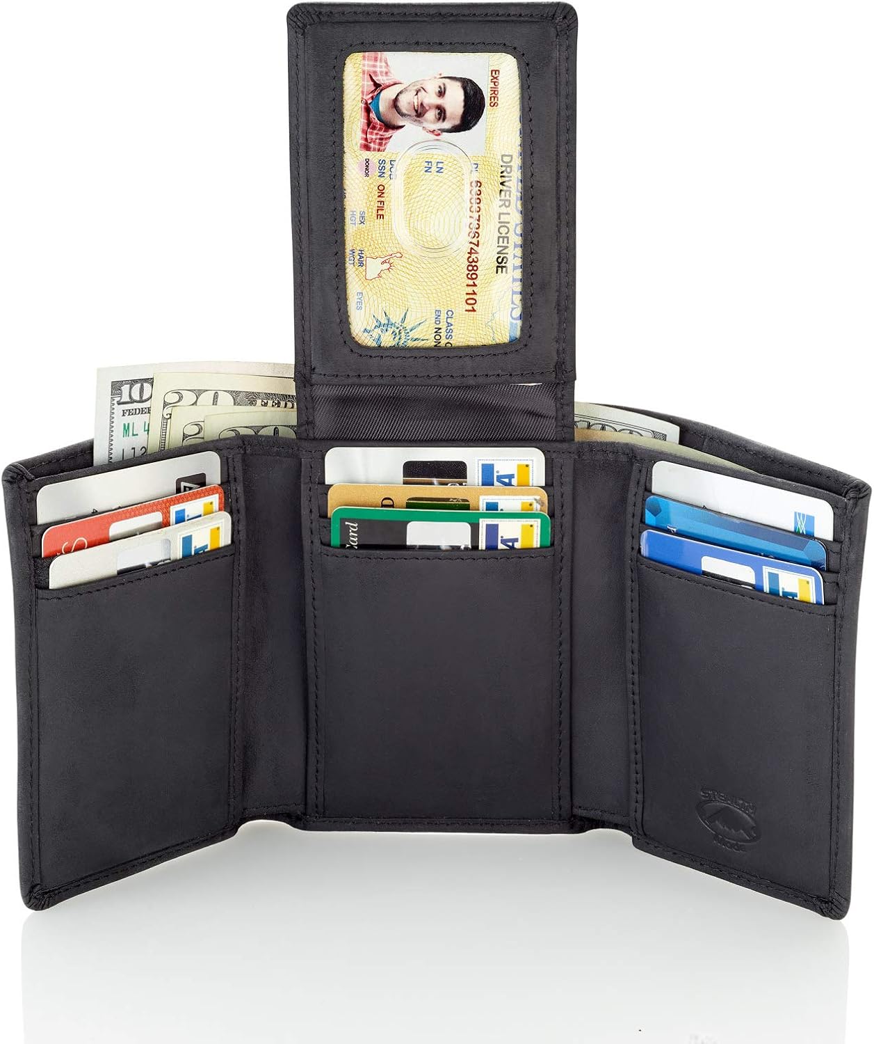 Stealth Mode Trifold Leather Wallet for Men with ID Holder and RFID Blocking (Black) - Image 3