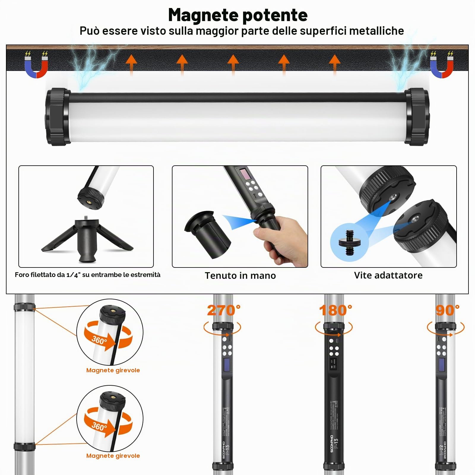 soonpho Soonpho 4Pack P13 RGB LED Luce Video Stick Tubo Luci a Mano Luce Video Tubo con Caricatore per Treppiede Colore Completo 12 Effetti Luce 3200K~8500K Illuminazione Fotografia per TikTok, Stream