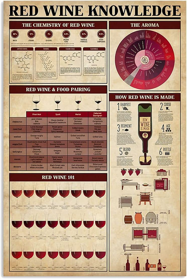 Red Wine Knowledge Metal Signs Wall Decor Wine Infographics Reading Posters Guide Wine Lovers Plaques Bars Home Kitchen 12x16 Inches