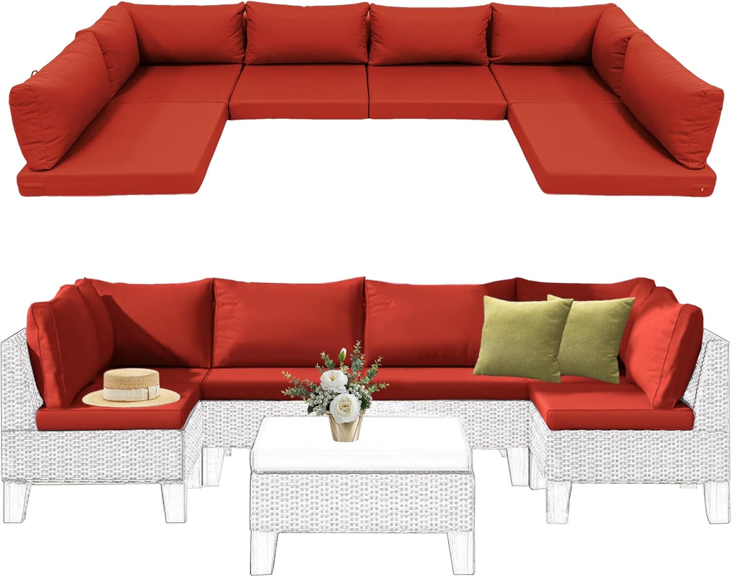 14-Piece Outdoor Sectional Cushions, Water-Resistant Outdoor Replacement Cushions for Patio Furniture, 4" Thick Deep Seat Cushion for 6-Seat Patio Conversation Sets (Orange)