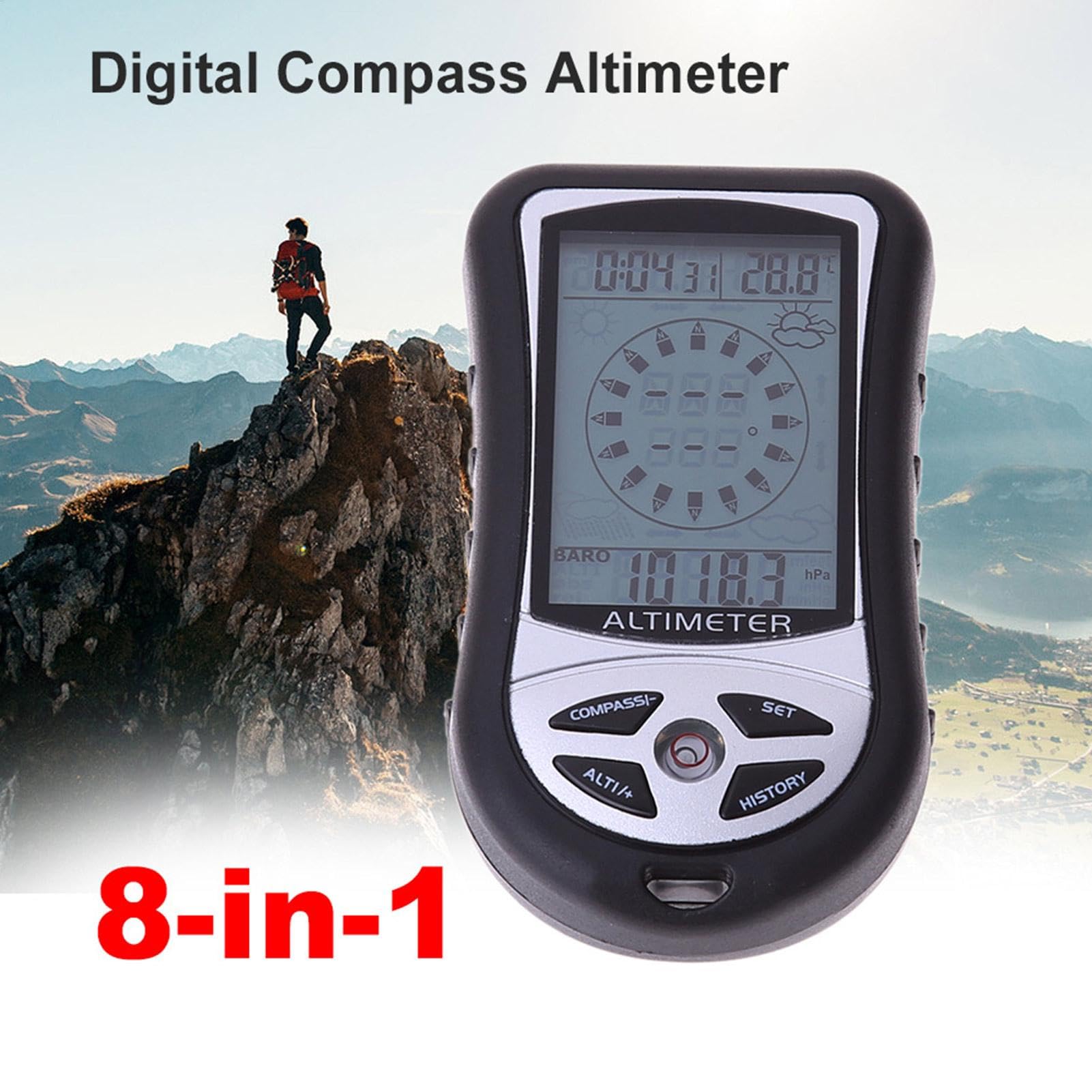 Höhenmesser - Digitaler Höhenmesser - Tragbares Multifunktions-Barometer, Temperaturkalibrierer | Tragbares Gerät mit Hintergrundbeleuchtung, Vorhersage und Uhr