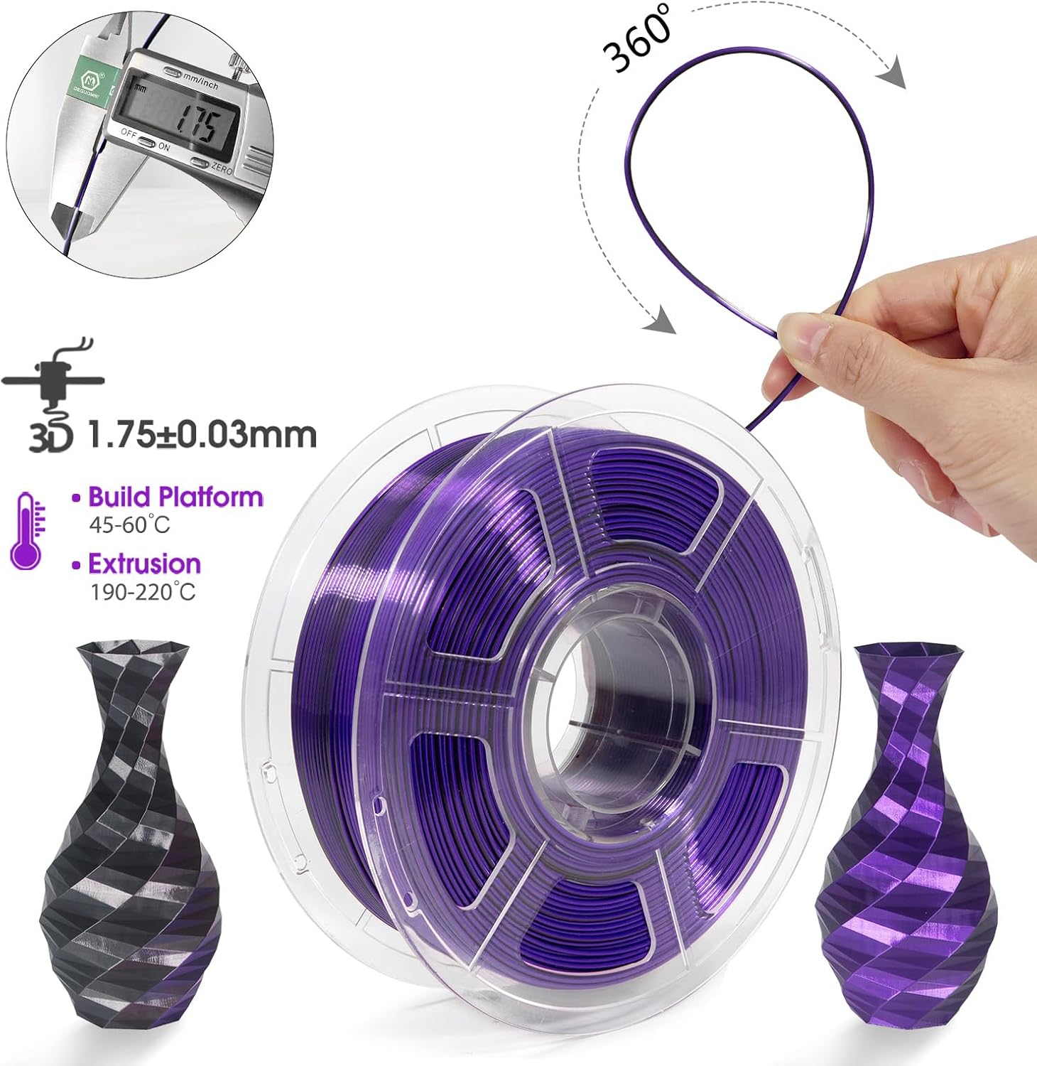 iSANMATE 3D Printer Filament, PLA Filament 1.75mm Dual Color Filament, Shiny Silk PLA Coextruded Filament, 3D Printing Filament Magic PLA, 1 kg/Spool (Black+Purple)