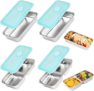 Stainless Steel Snack Containers, 4 Pack Grab and Go Snack Containers Reusable, Single and Double Compartment Food Storage Containers with Lids, Lunch Box Containers for Travel, Camping and Daily Use