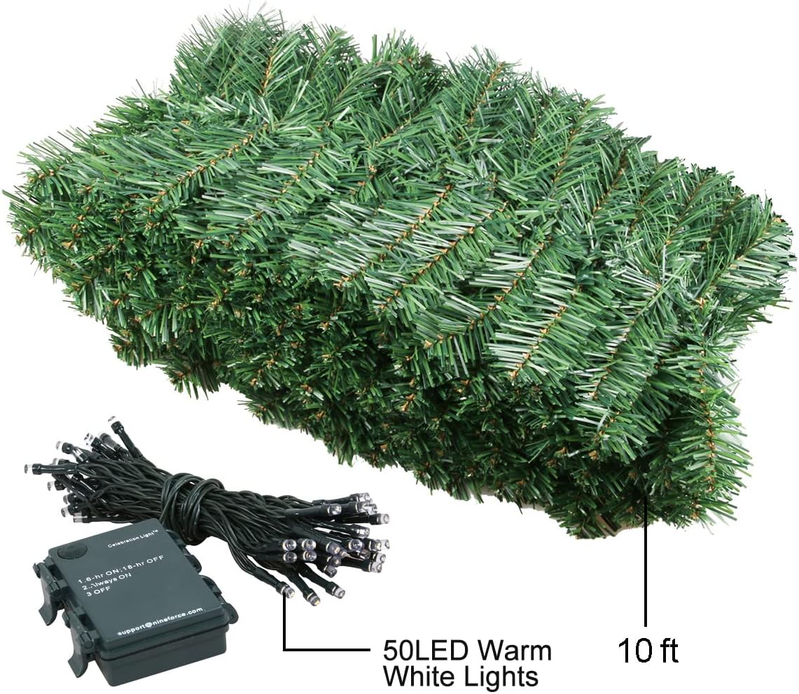 10Ft Christmas Garland with 50 LED Lights - 2 Pack Pre-lit Battery Operated Outdoor Christmas Garland Waterproof String Light with Timer 10 Foot by 10 Inch