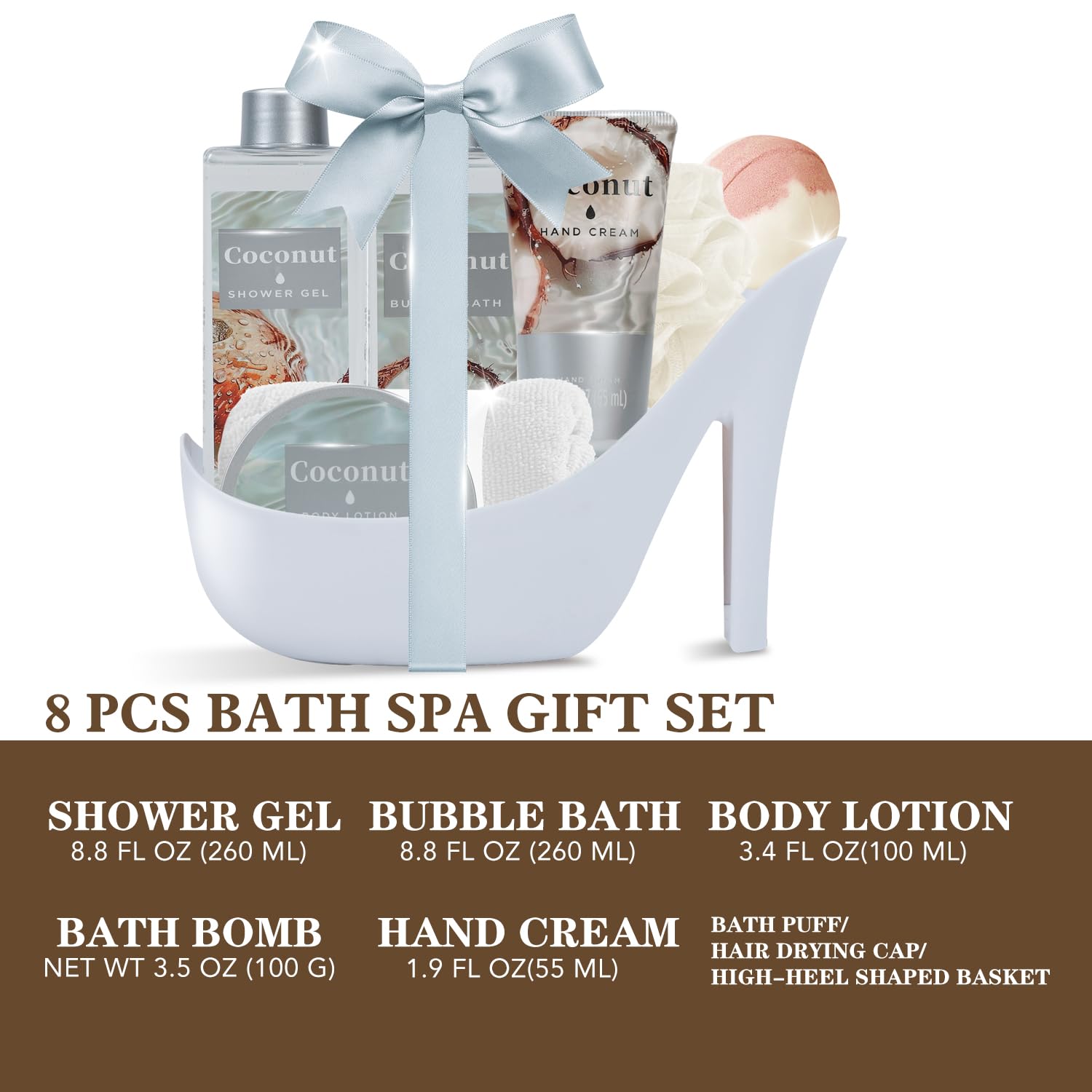 Soothing Coconut Spa Treasures for Women, 8 Piece Gift Set, Designed for beautys, Spa Gift Baskets for Her, Calming Wellness Bundle with Body Butter, Shower Gel, Best gift for lover