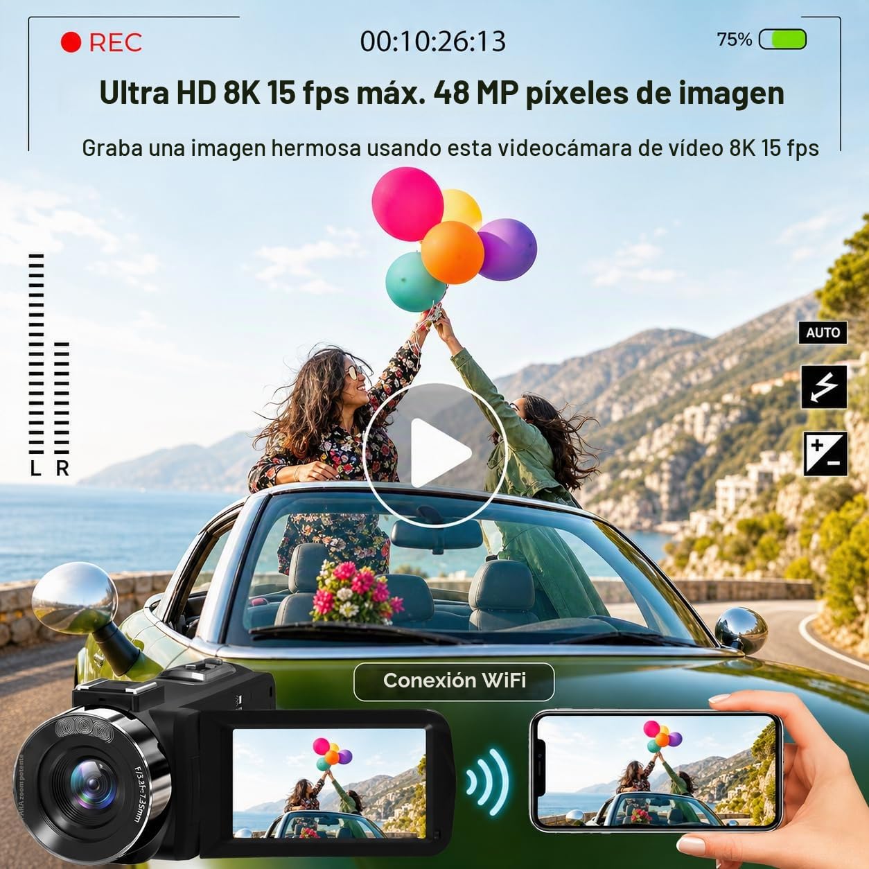 Cámara de vídeo, videocámara 8K 48MP 15FPS UHD WiFi cámara de vlogging con visión nocturna IR para YouTube, pantalla táctil de 7,6 cm con zoom digital 18X, con luz de relleno, micrófono,