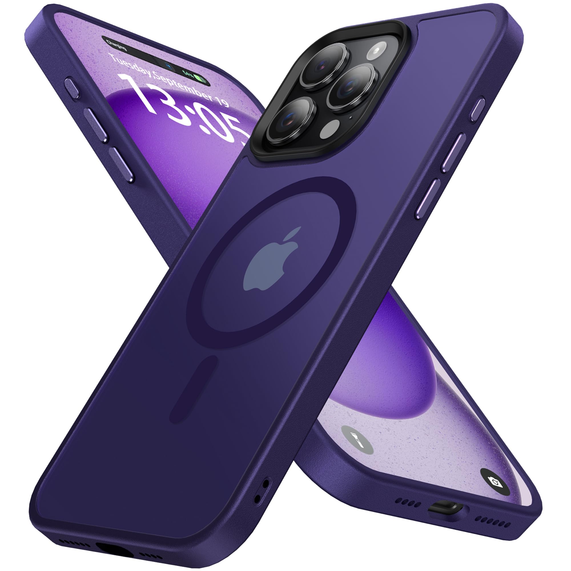 Magnetic for iPhone 15 Pro Max Case,with 3 Lens Protectors [Compatible with MagSafe] [Military-Grade Protection] Shockproof Translucent Matte Case for 15 Pro Max Case,Deep Purple