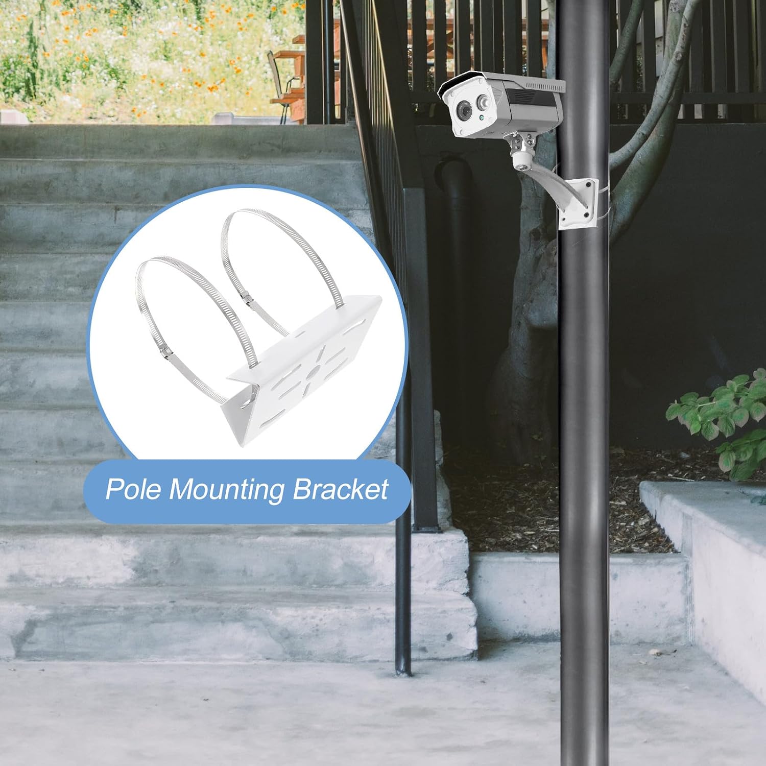 Security Camera Pole Mount Bracket with 2 Hoops Pole Mounting Adapter for Outdoor on Lamp Posts