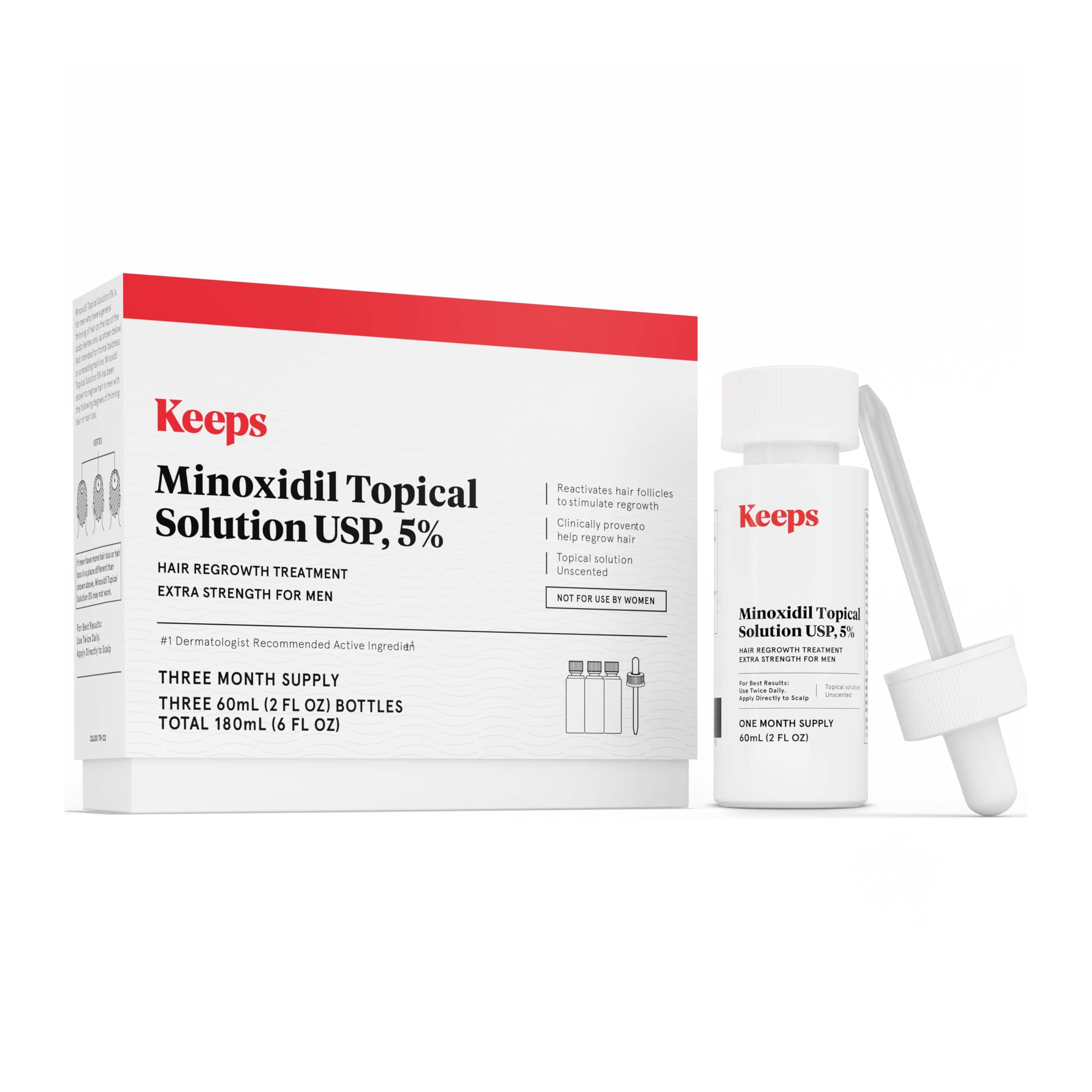 Keeps Extra Strength Minoxidil for Men - 5% Minoxidil Hair Growth Serum - Hair Loss & Regrowth Treatment for Thinning & Bald Spots - Clinically Proven Hair Growth Products - Unscented Topical Solution
