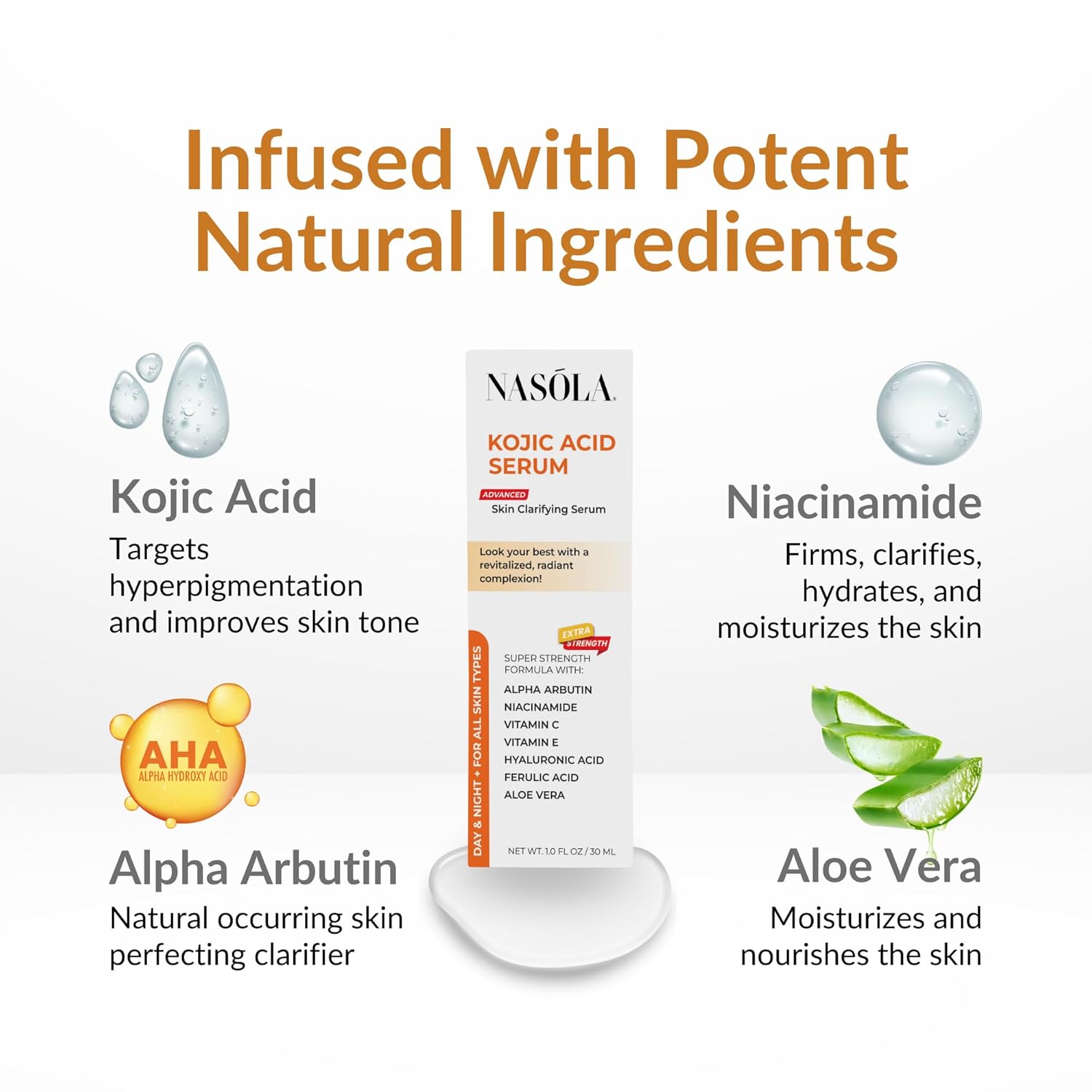 Nasola Kojic Acid Serum for Skin Clarifying, Complexion Revitalization Fade Cream with Alpha Arbutin, Vitamin C & E, & Niacinamide - Image 3