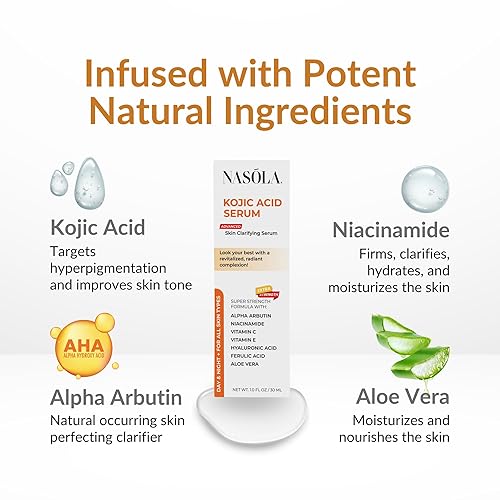 Miniatura 3 de Nasola Suero de ácido kójico para aclarar la piel, crema de revitalización de la tez con alfa arbutina, vitamina C y E y niacinamida