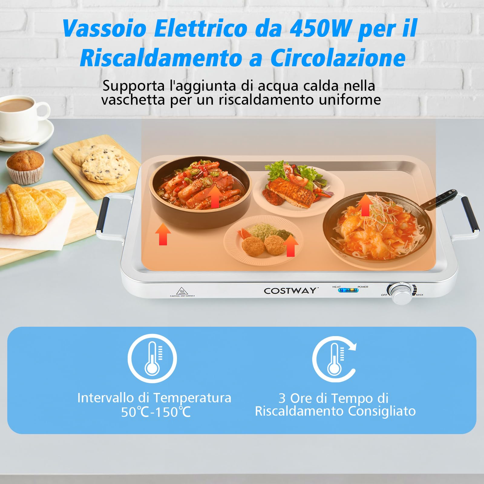 COSTWAY 9 L Scaldavivande Elettrico Portatile, 2 in 1 Vassoio Riscaldante Elettrico con Controllo della Temperatura, Scalda Vivande in Acciaio da 450W con 3 Vassoi, per Buffet Feste