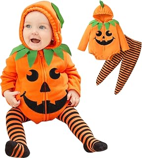 TenhCreek 2 Pièces Deguisement Halloween Bebe, Deguisement Citrouille Bebe, Déguisement Halloween Bébé Fille Garçon Cosplay, Costume Citrouille à Capuche Et Pantalon Rayé Pour Bébés de 0 à 24 Mois.