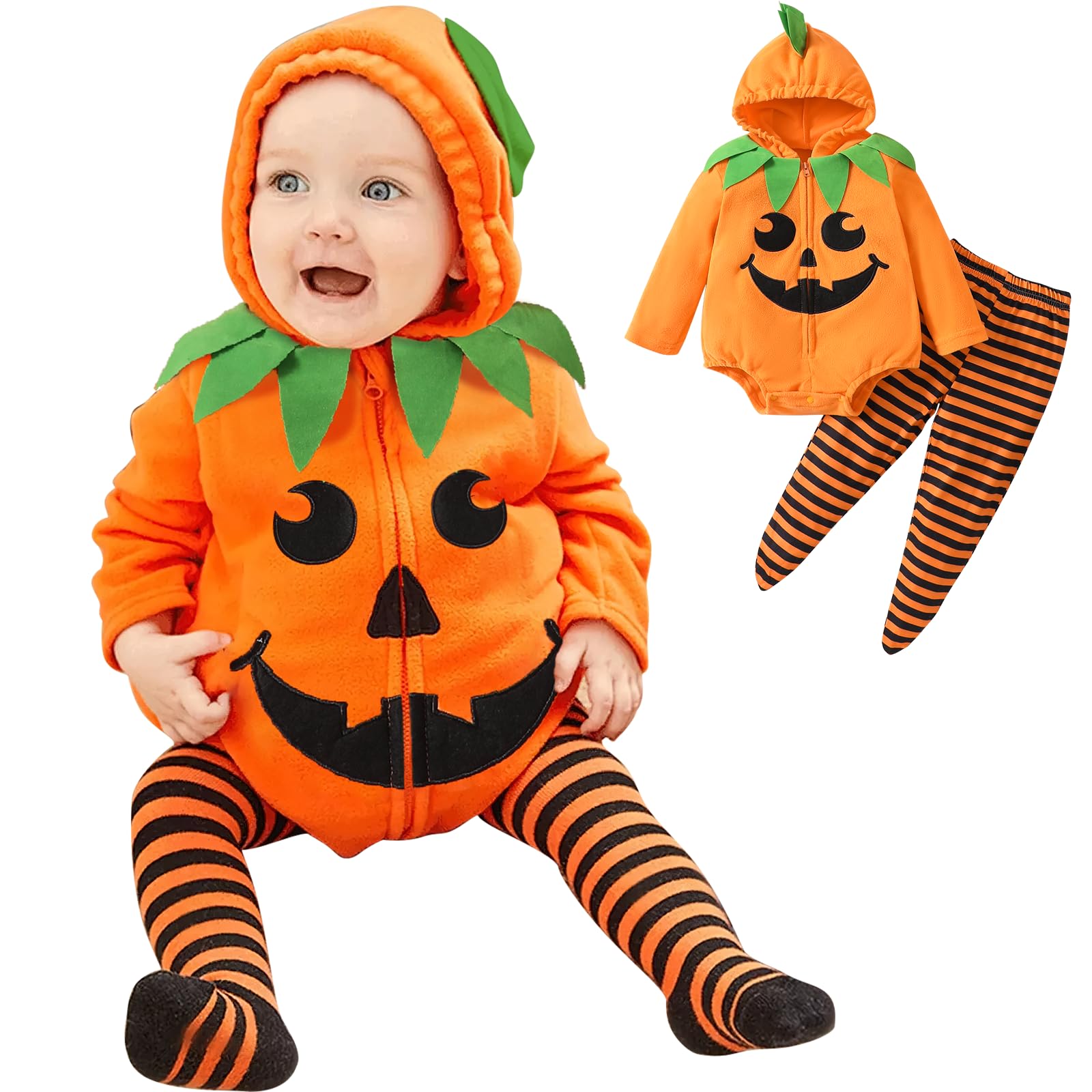 Baby Boy Pumpkin Halloween Costumes, 2Pcs Hoodie Striped Pants Outfit 6-12M