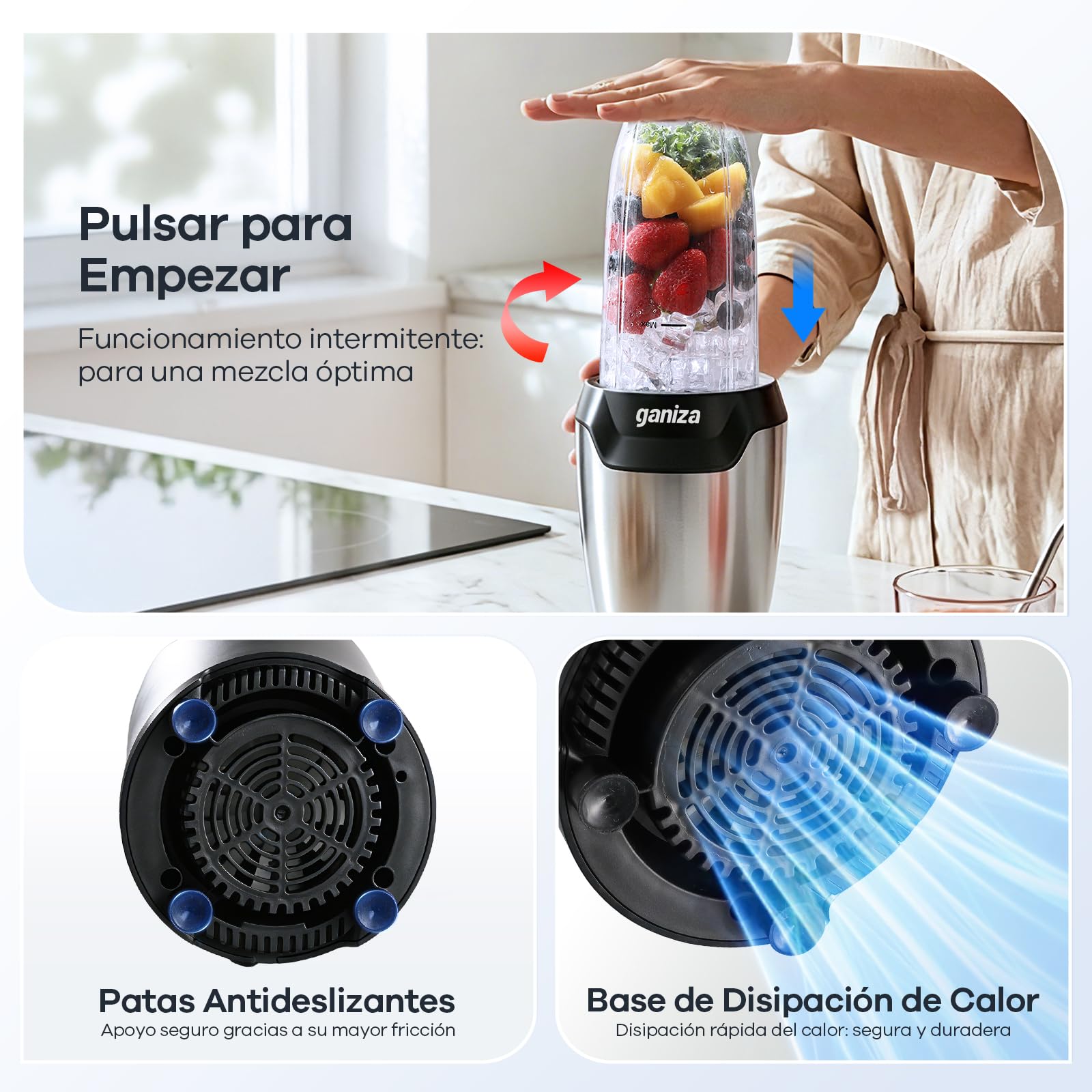 Ganiza Batidora de Vaso, 1300 W con 3 vasos mezcladores portátiles (2 de 1100 ml y 1 de 660 ml), 6 cuchillas de acero inoxidable, libre de BPA, batidora eléctrica para batidos y trituración de hielo