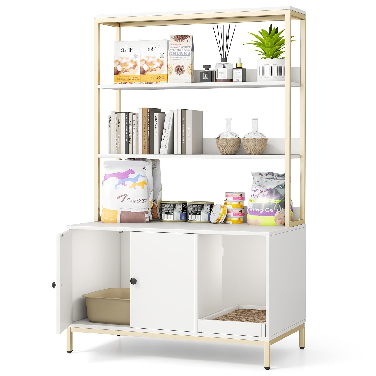 PETSITE Cat Litter Box Enclosure with Storage, 57 Inch Tall Hidden Litter Box with 2-Tier Shelves, Removable Scratching Pad, and Winding Entry, Solid Metal Framed (White)