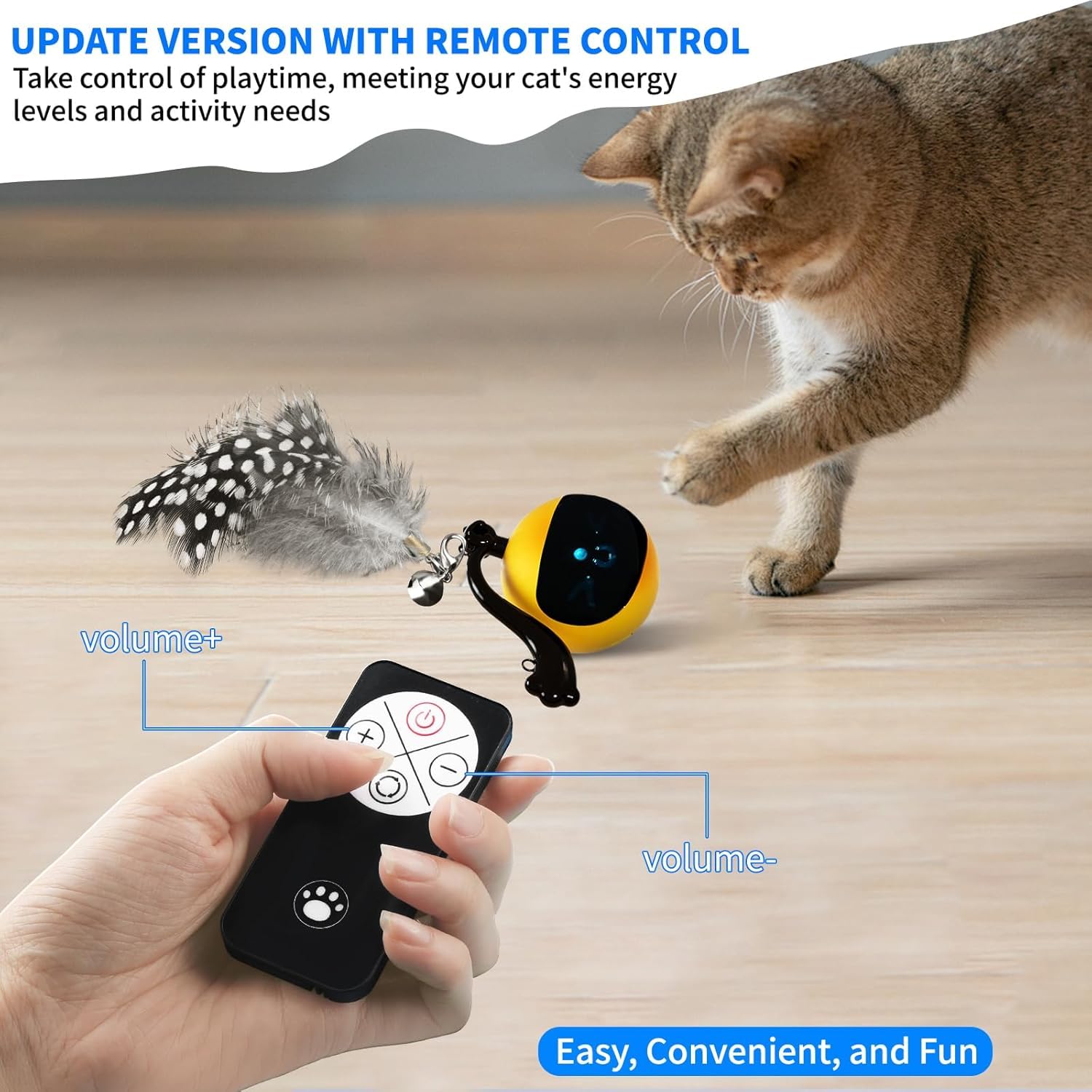 snoslme Interactive Cat Toy Ball with Remote Control, Automatic Moving & Rolling Cat Feather Toy, USB Rechargeable, Motion Activated Remote Control Cat Toy for Indoor Cats (Yellow)