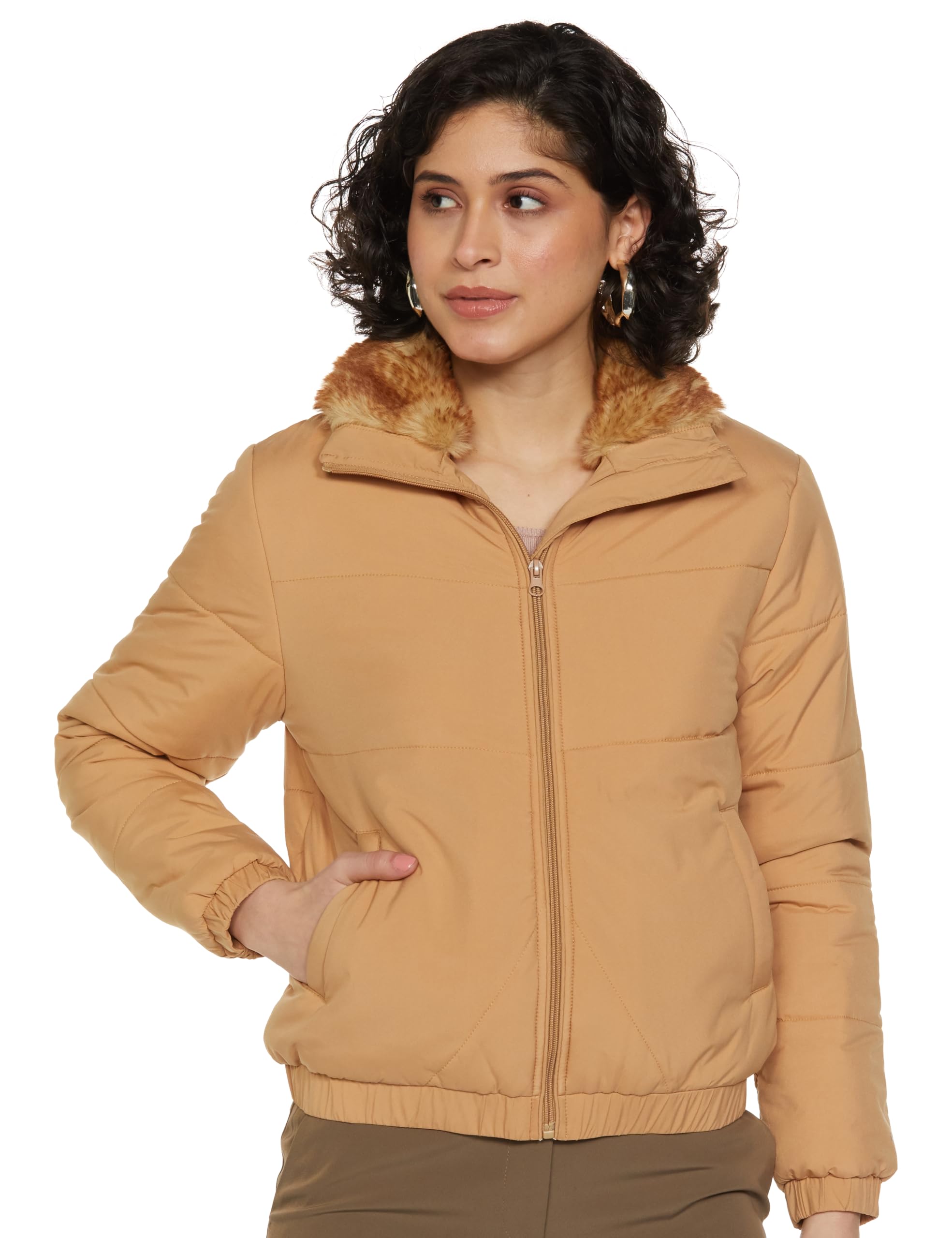 qube by fort collins Women's Crop Length Bomber Jacket with Faux Fur Collar – Stylish Winter Wear-picture-25