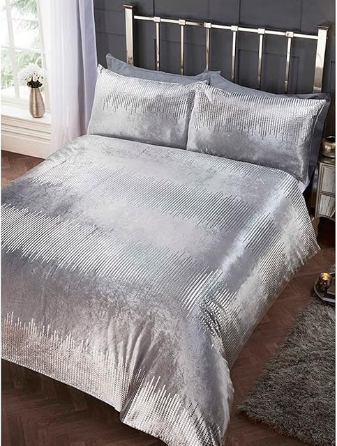 Rapport Home Crushed Velvet Embelished Sequin Duvet Cover Bedding Bed Set - Silver - King