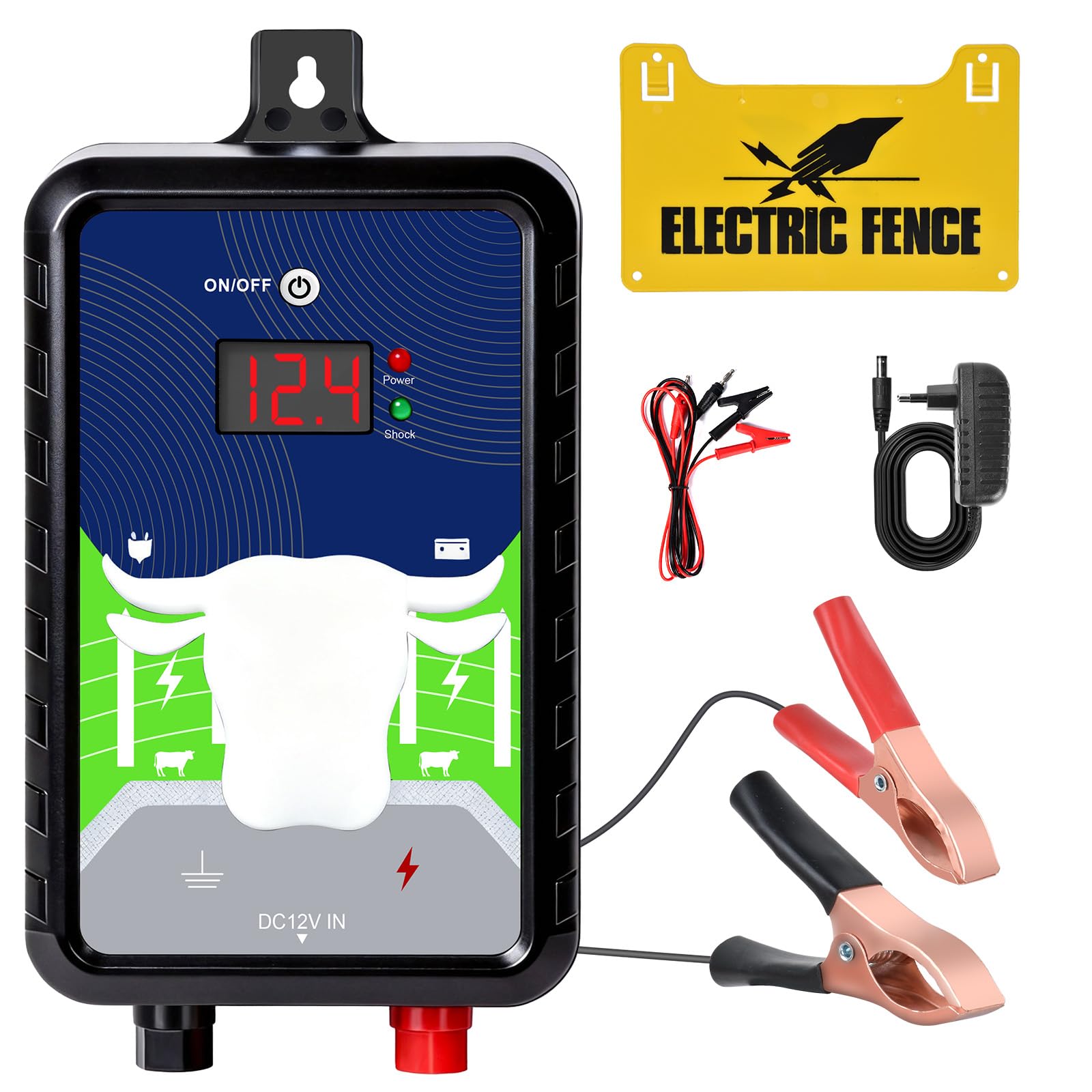 Pastor Eléctrico 12KV 4 Julios, Alcance 24KM para Granja y Pastizal - cerca eléctrica Controlador, Opciones de Corriente/Batería/Solar, para Vacas, Caballos, Ovejas, Cabras, Jabalíes