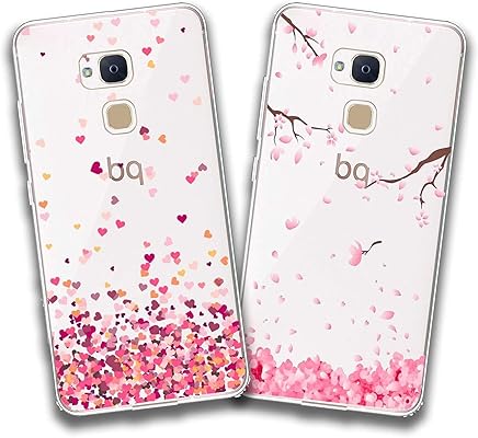 jrester 2 X Funda BQ Aquaris V Plus,Amor + Flor Rosa Flexible Suave Transparente TPU Gel Silicona Anti-Ara?azos Smartphone Cascara Protectora para BQ Aquaris V Plus/VS Plus (5,5