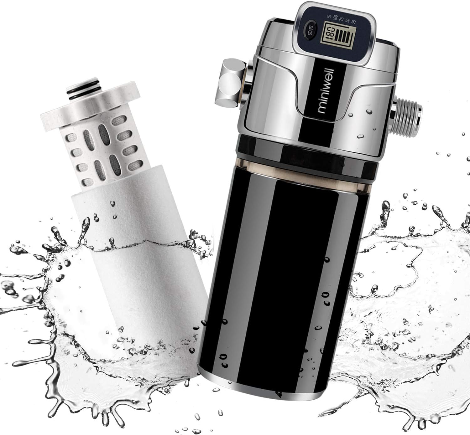 Miniwell Luxury Shower Water Filter L760-E201 with digital screen and Replaceable Cartridges, Shower Head Filter with Double Filters, Remove 99% Chlorine (Shower Filter-Black color)