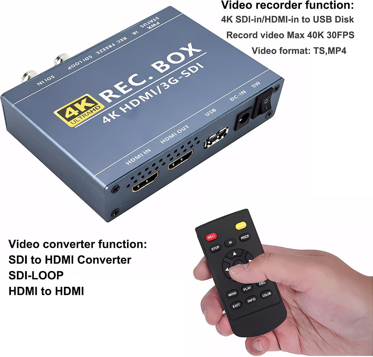 Mini DVR SDI TVI HDMI Recorder with SDI-Loop, SDI to HDMI Converter, 4K HD Video Capture Box for SDI Camera MP4 Digital Recorder Support 1TB U Disk 4K30 1080P60 IR Remote
