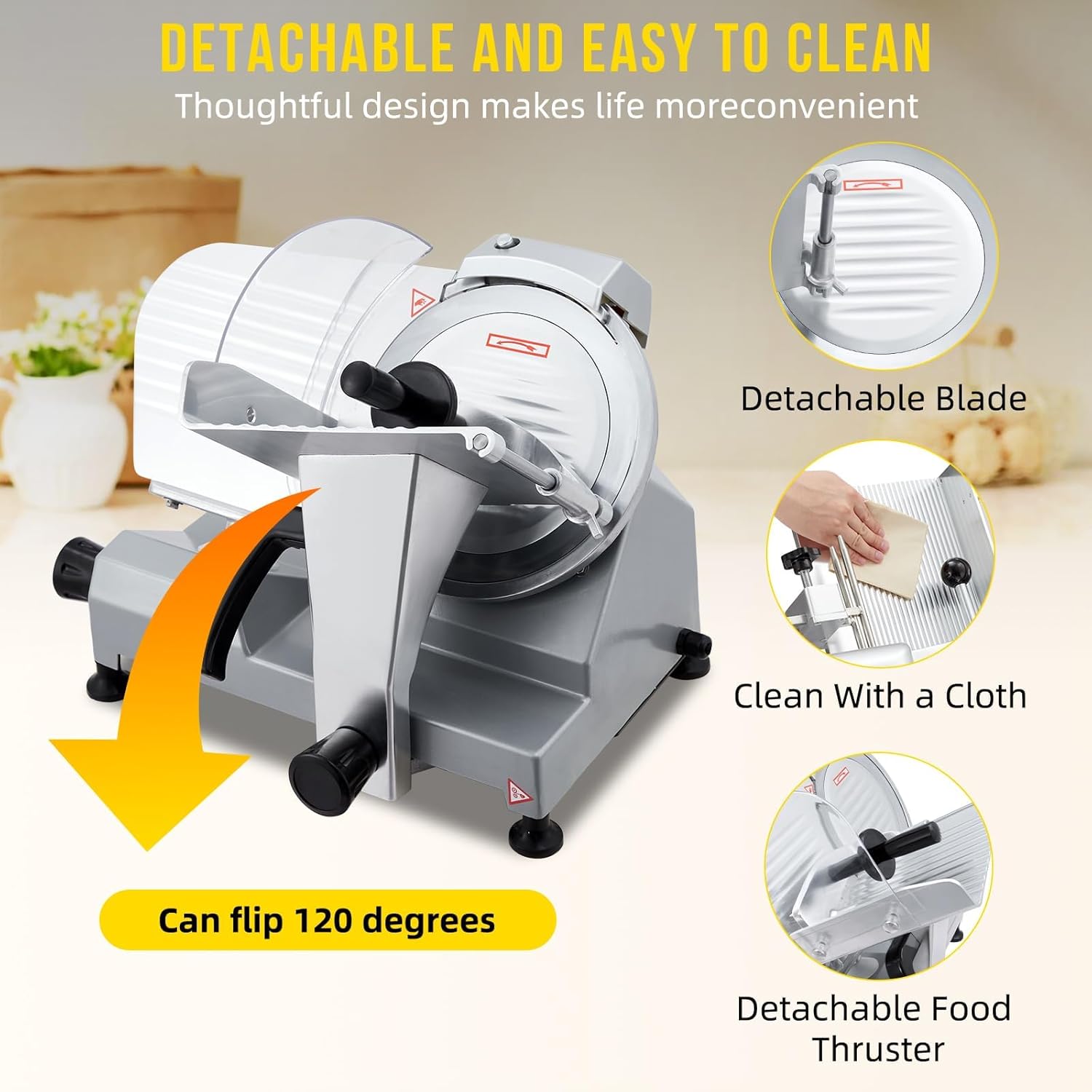 240W Electric Meat Slicer, 10 Inch Carbon Steel Blade, Semi-Automatic Stainless Steel Slicer with Adjustable 0-12mm Thickness for Home and Commercial Use, Silver
