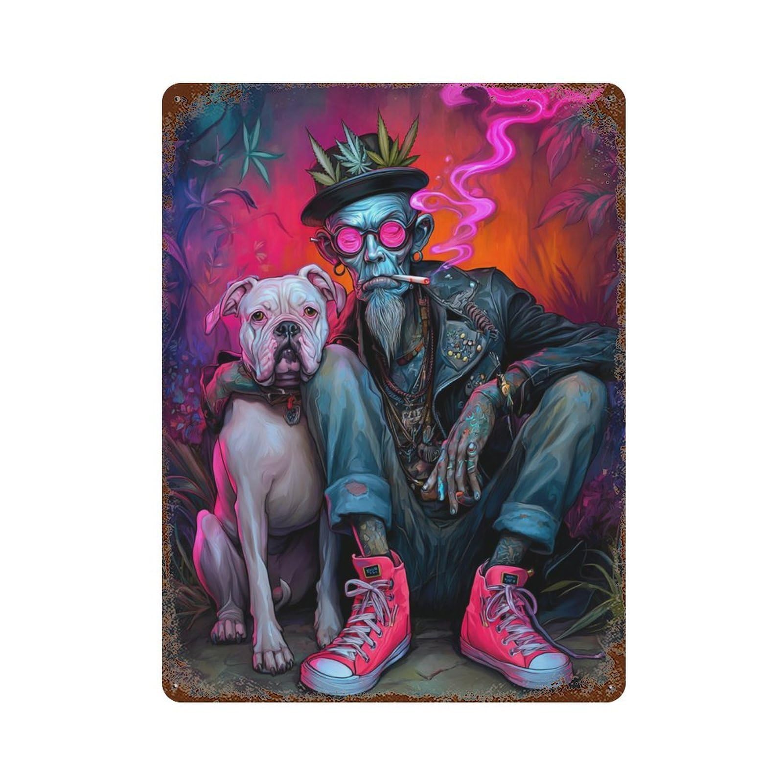 Stoner Hipster with Bulldog 15.7"x11.8" Decorative Tin Sign, Retro Wall Decor for Garage, Bar And Workshop Decor
