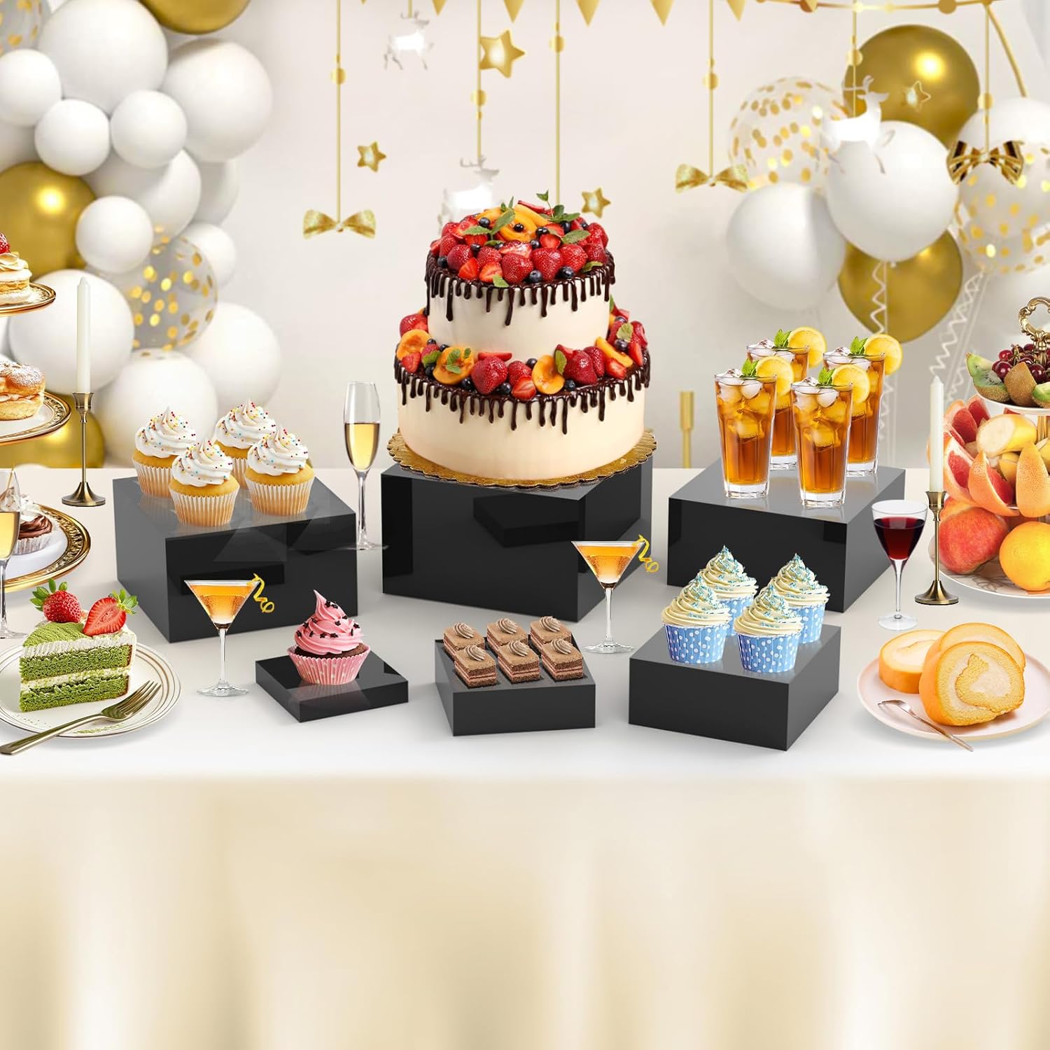 6Pcs Black Buffet Risers Set (Size 5",6",7",8",9",10"),Food Risers for Buffet Table Display Stand Shelf for Party Catering Dessert Collectibles Acrylic Cube Boxes Display with Hollow Bottoms