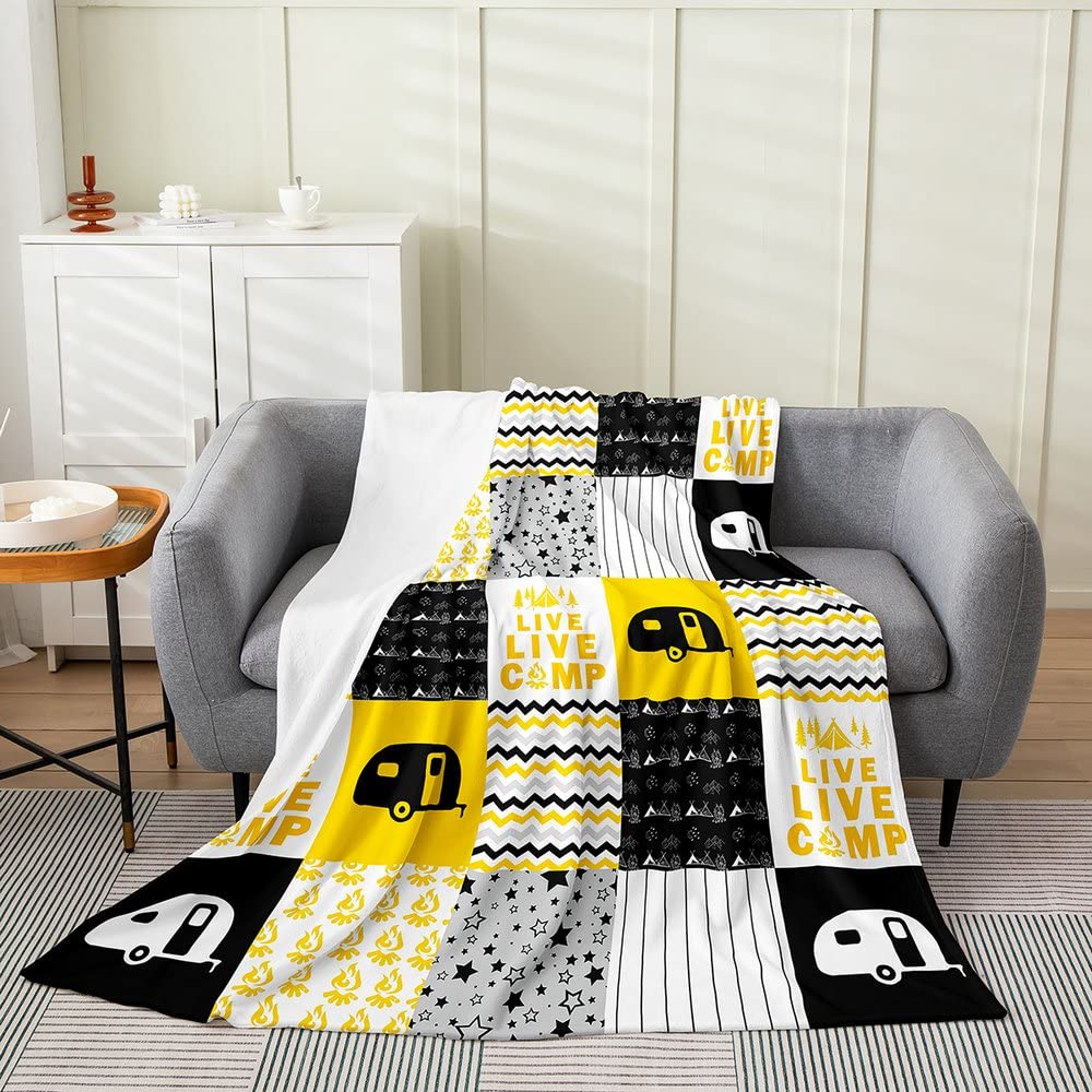 Manta de franela de forro polar para sofá de cama, manta de felpa para niños que acampan amarilla, para todas las estaciones, camping, viajes, coche, cama, tamaño Queen, 90 x 90 pulgadas