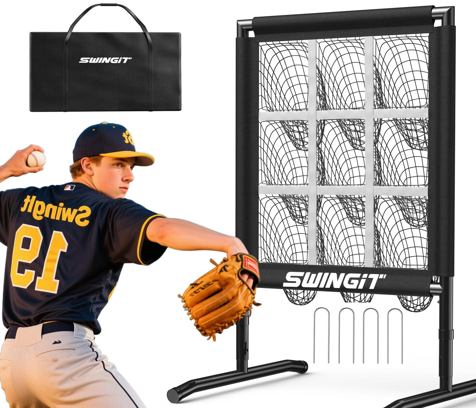 Upgrade 9 Hole Baseball Pitching Net with Strike Zone, Professional 9 Pocket Softball Pitching net, Throwing Target Portable Heavy Duty Practice Net,