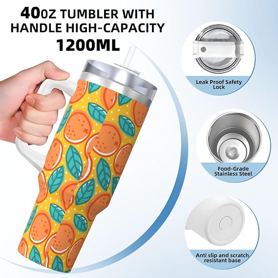 Retro Pattern with Oranges,40OZ Ice Bully Cup with Handle Stainless Steel Mug Water Bottle