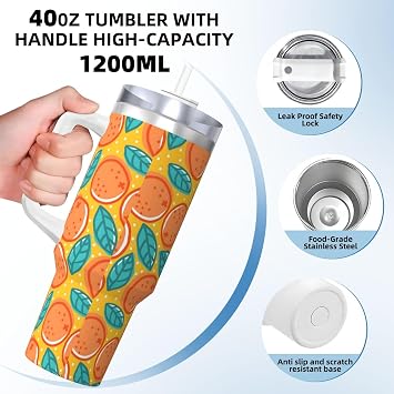 Retro Pattern with Oranges,40OZ Ice Bully Cup with Handle Stainless Steel Mug Water Bottle