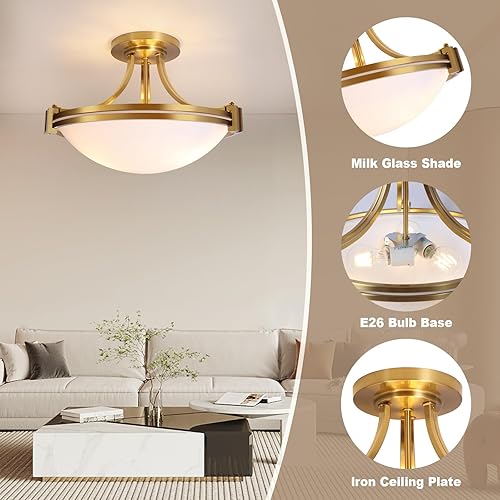 Miniatura 3 de Bektas Lámpara de techo semiempotrada, 16 pulgadas de oro cepillado con vidrio de leche para dormitorio, cocina, baño, pasillo, vestíbulo, sala de