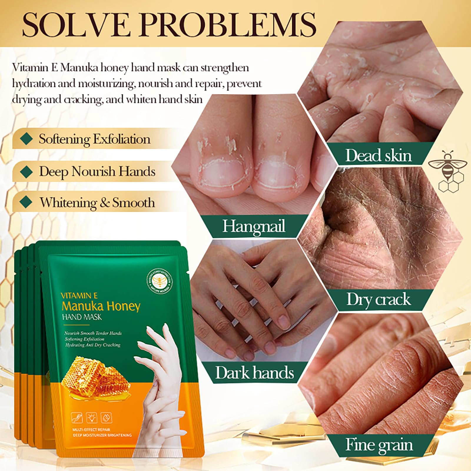 6 works Hand Mask Gloves, Honey Hand Moisturiser Gloves, hand Masks for Dry Hands Repair - Image 3
