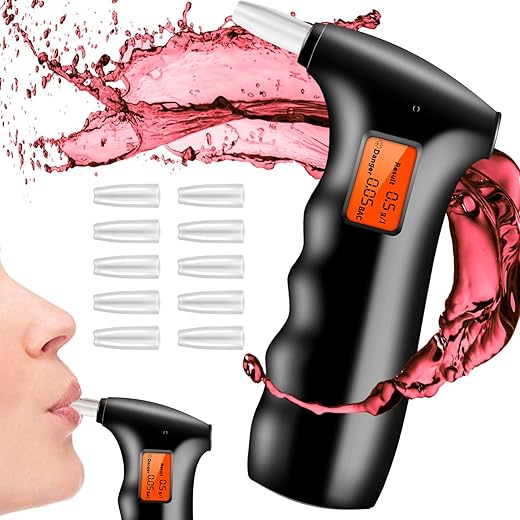 CIS Professional-Grade Accuracy Breathalyzer, Portable Alcohol Tester, Professional-Grade Accuracy Breathalyzer with LCD Digital Display for Personal, Home or Party Use with 10 Mouthpieces, Black