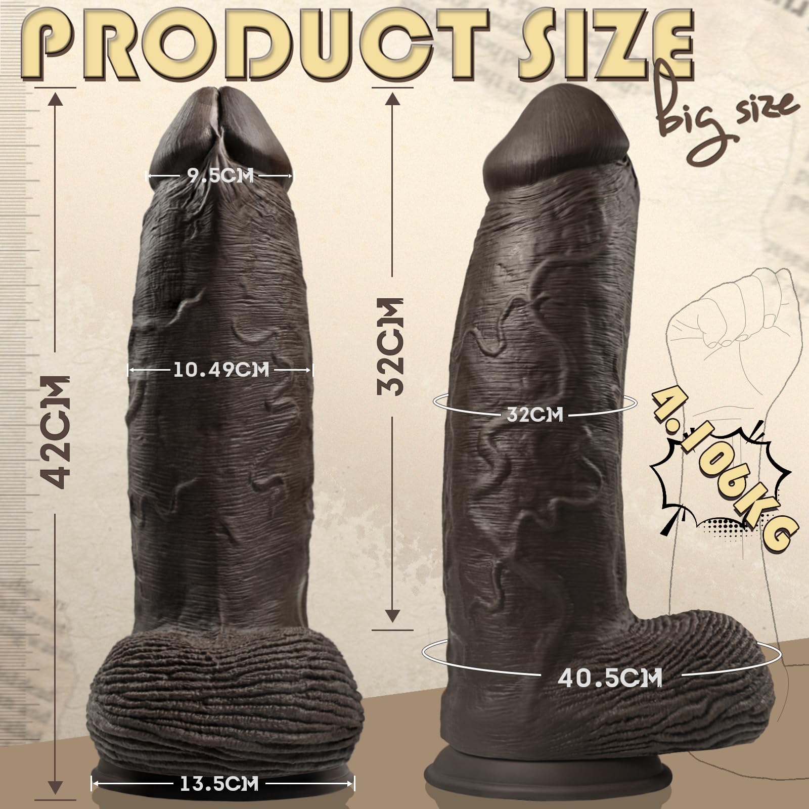 42x10 cm Dildo Gigante XXL, Dildos Realista Grueso y Masivo con Fuerte Base de Succión, Juguete Sexual de Silicona de Doble Capa para Hombres y Mujeres Experto, Dildo Gigantesco para Estiramiento Anal