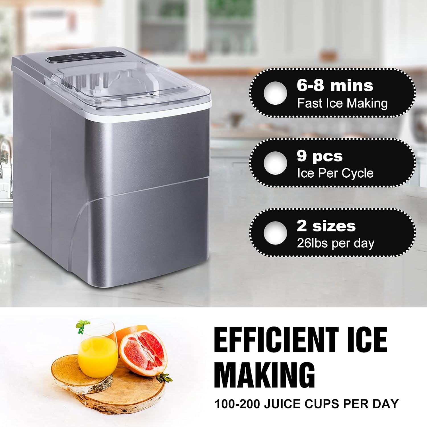 FEANOR Self Cleaning Ice Makers Countertop Machine 9 Cubes Ready in 6-8 Minutes Portable Mini Electric Compact Ice Maker Perfect for Home/Kitchen/Bar, Tools Included