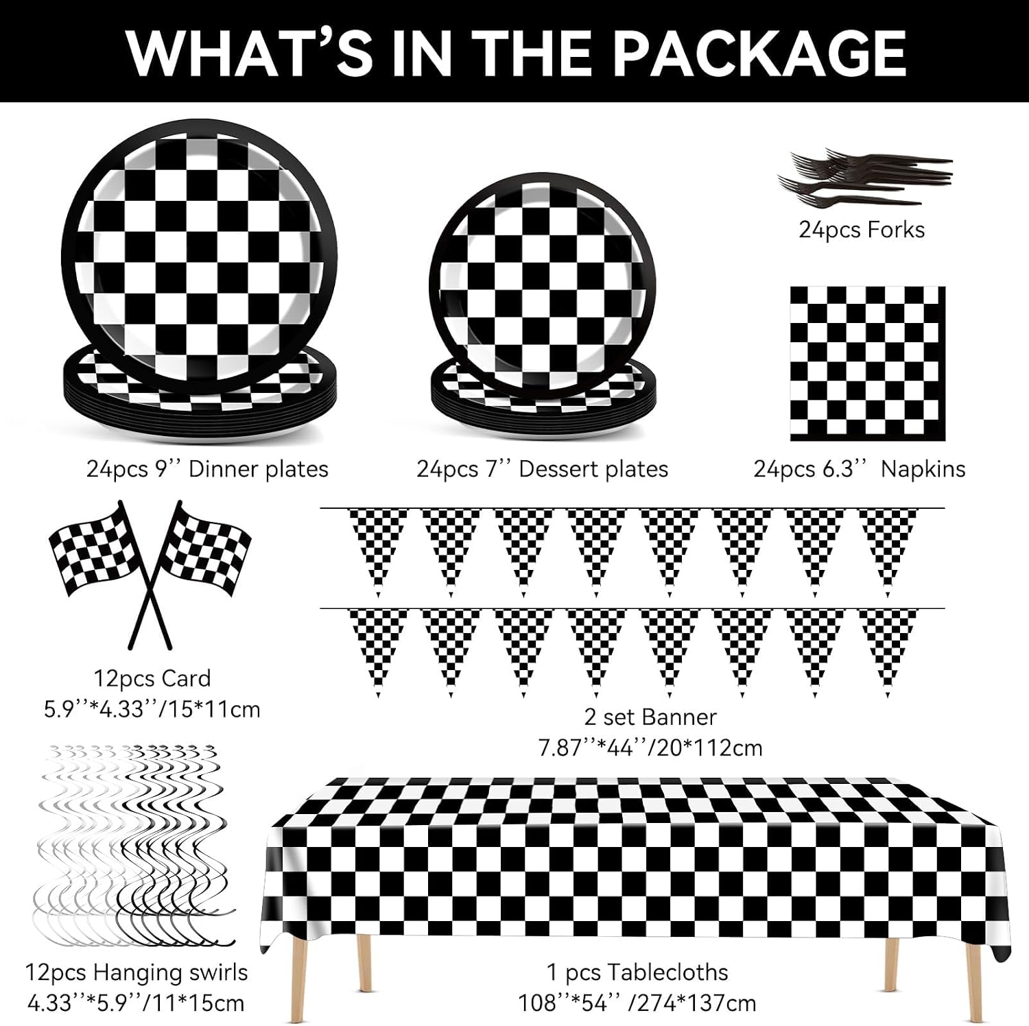 ZOIIWA 123 Pcs Black and White Checkered Racing Party Decorations Car Tableware Set with Race Themed Plates Banner Tablecloth Car Sports Napkins Forks Hanging Swirls Checkered Birthday Party Supplies